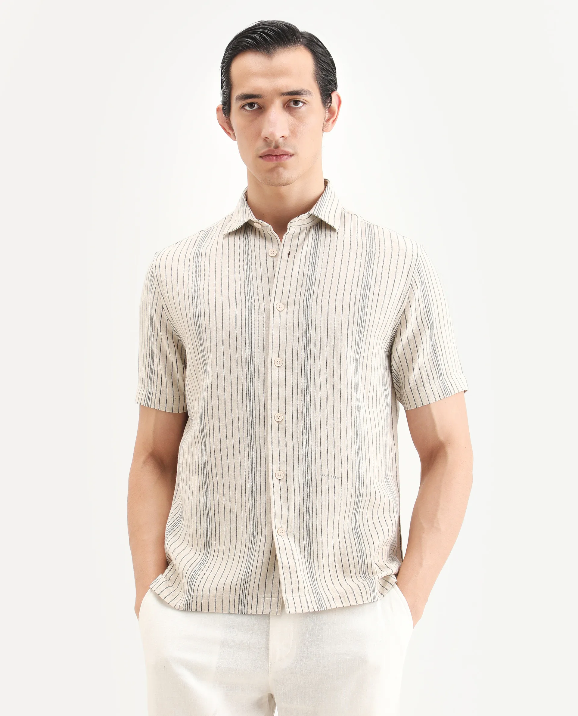 Rare Rabbit Men's Seton Beige Linen Blend Fabric Half Sleeve Spread Collar Regular Fit Striped Shirt - Image 4