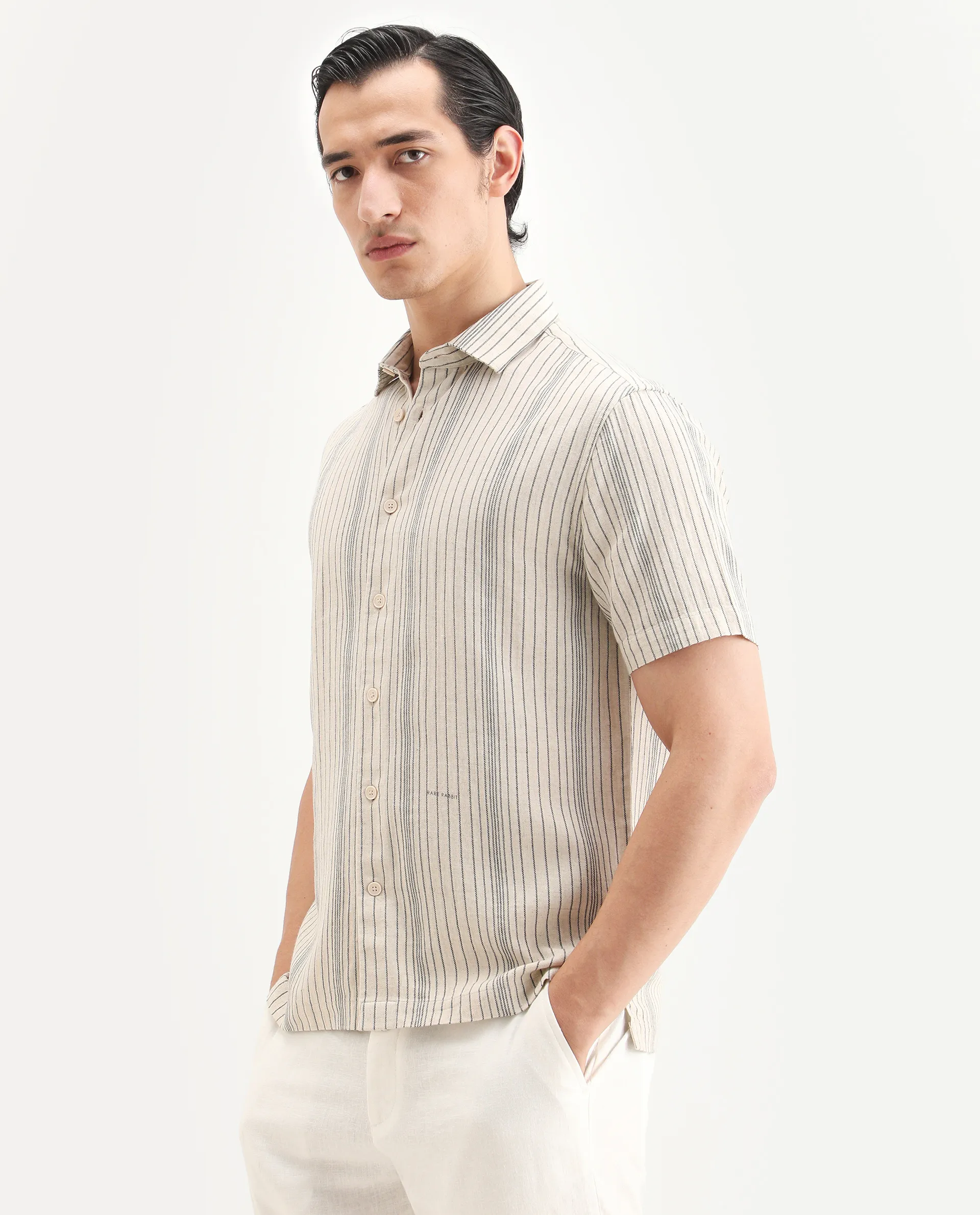 Rare Rabbit Men's Seton Beige Linen Blend Fabric Half Sleeve Spread Collar Regular Fit Striped Shirt - Image 5
