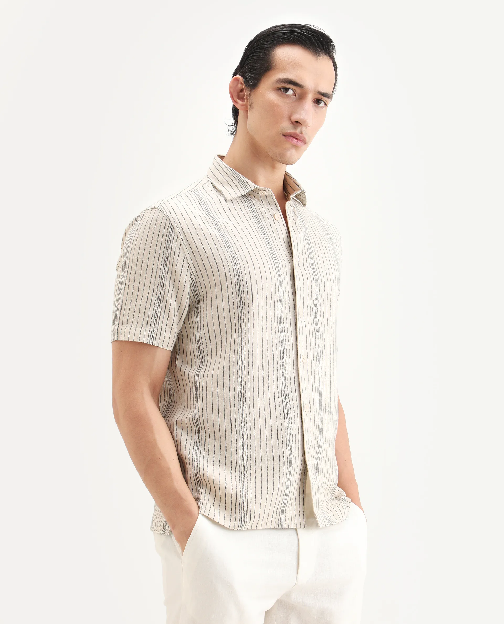 Rare Rabbit Men's Seton Beige Linen Blend Fabric Half Sleeve Spread Collar Regular Fit Striped Shirt - Image 6