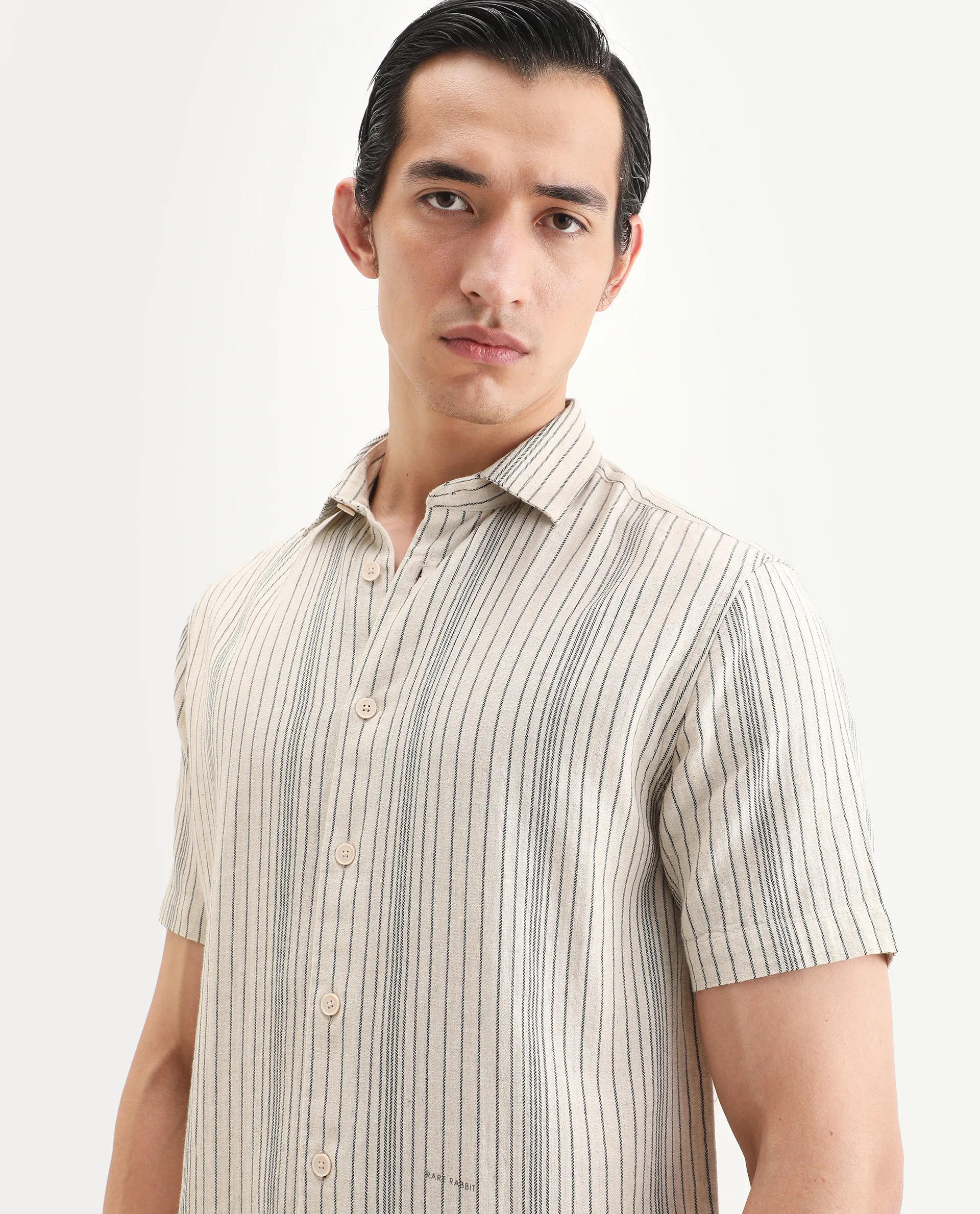 Rare Rabbit Men's Seton Beige Linen Blend Fabric Half Sleeve Spread Collar Regular Fit Striped Shirt - Image 7