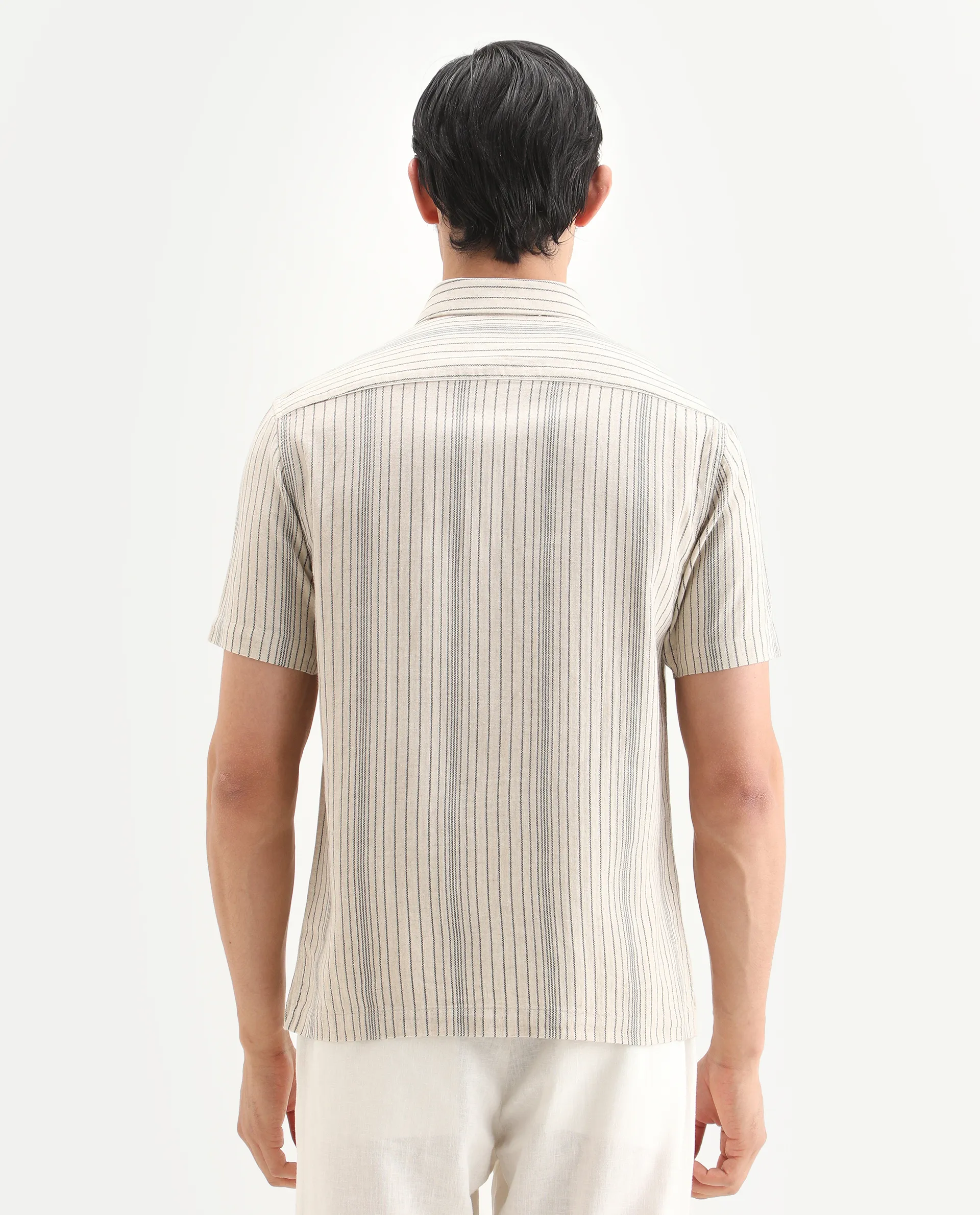 Rare Rabbit Men's Seton Beige Linen Blend Fabric Half Sleeve Spread Collar Regular Fit Striped Shirt - Image 8