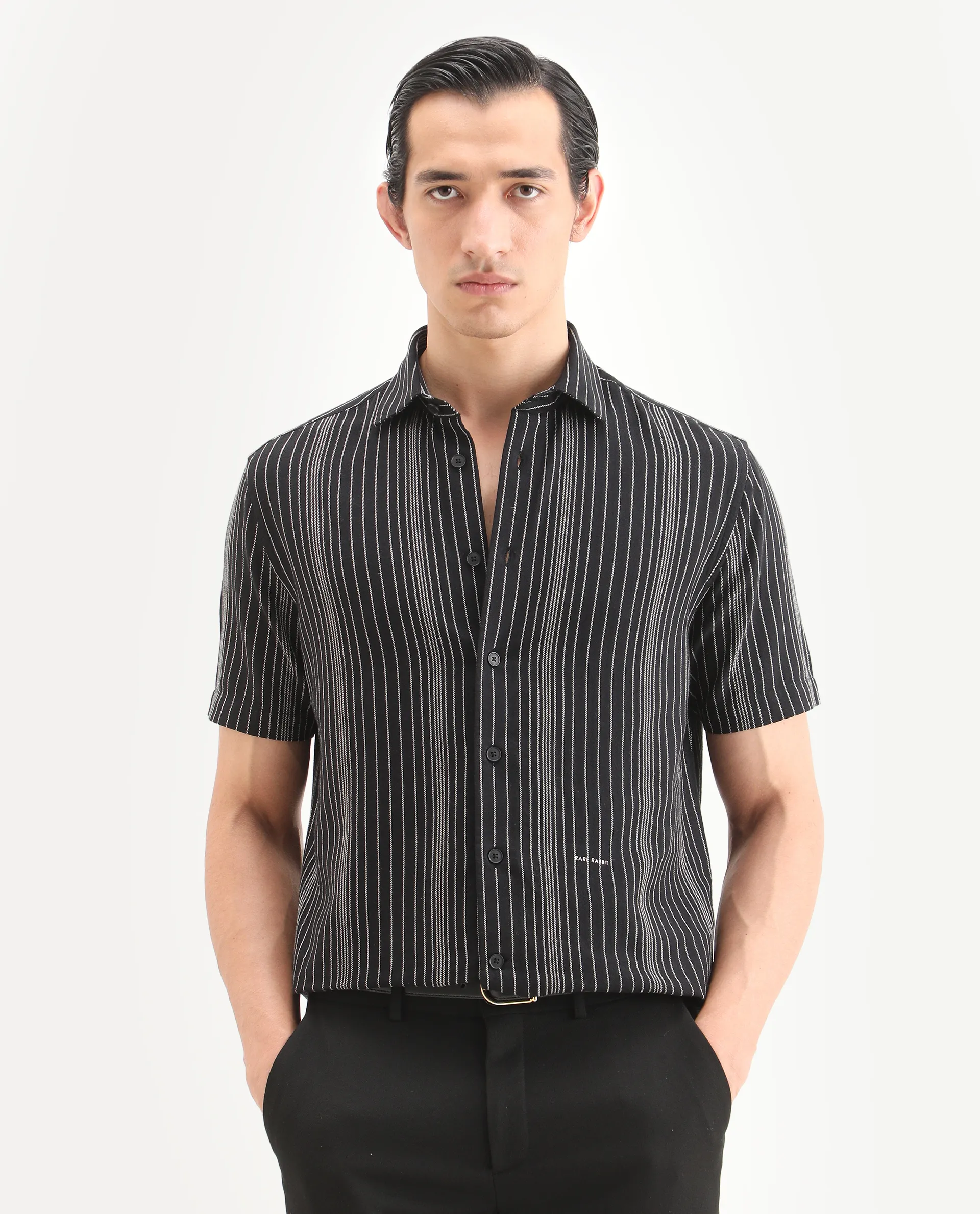 Rare Rabbit Men's Seton Dusky Black Linen Blend Fabric Half Sleeve Spread Collar Regular Fit Shirt - Image 4