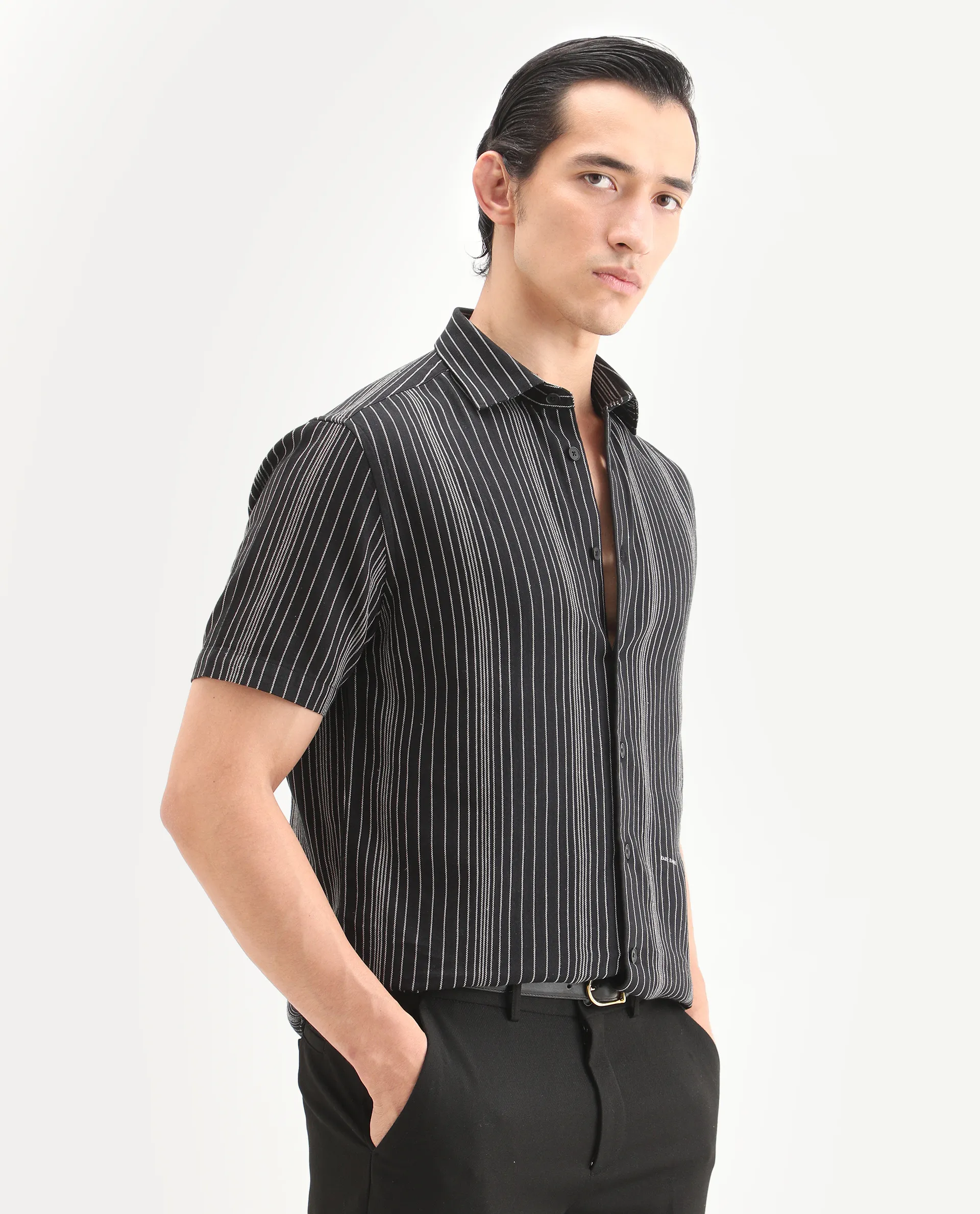 Rare Rabbit Men's Seton Dusky Black Linen Blend Fabric Half Sleeve Spread Collar Regular Fit Shirt - Image 5
