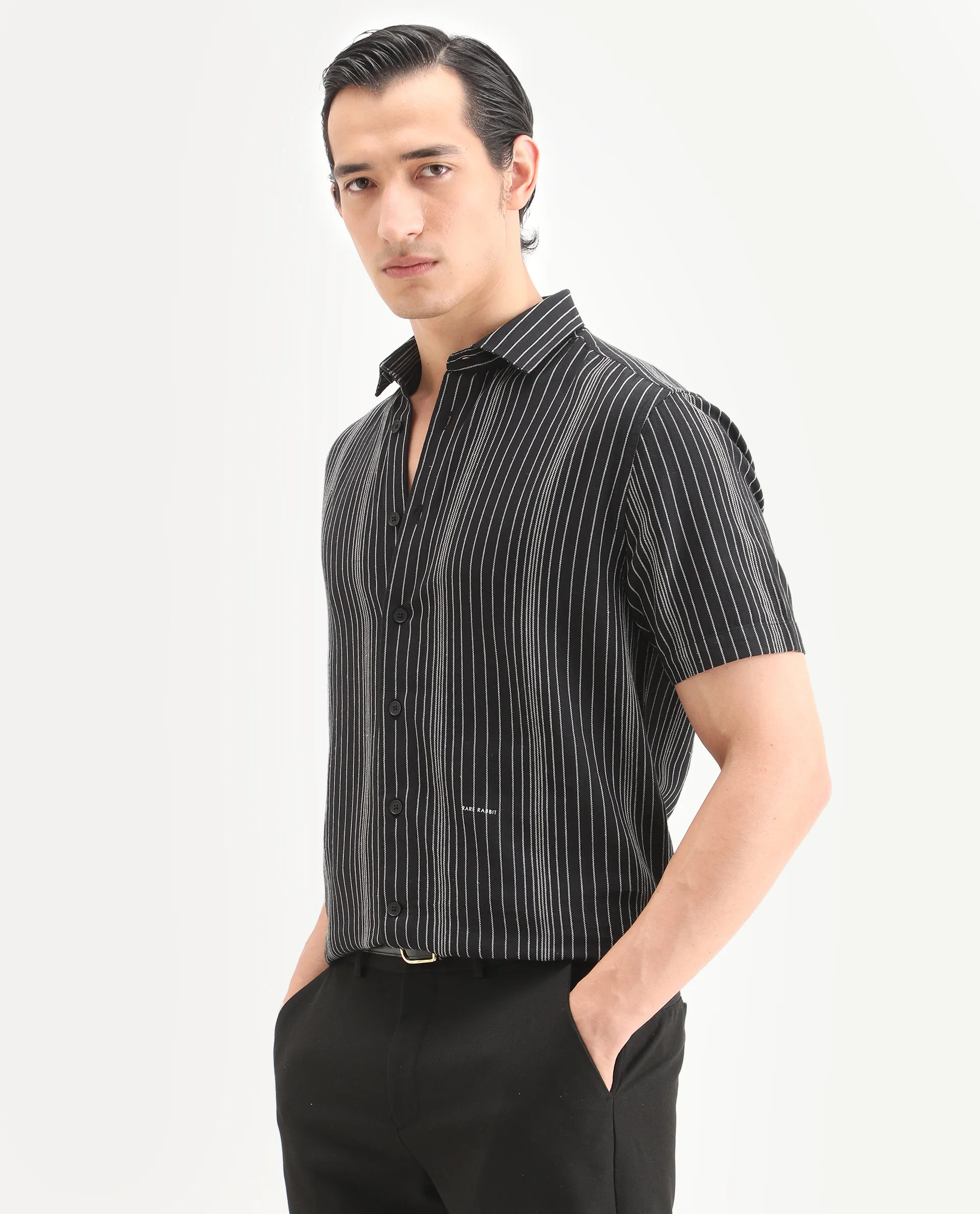 Rare Rabbit Men's Seton Dusky Black Linen Blend Fabric Half Sleeve Spread Collar Regular Fit Shirt - Image 6