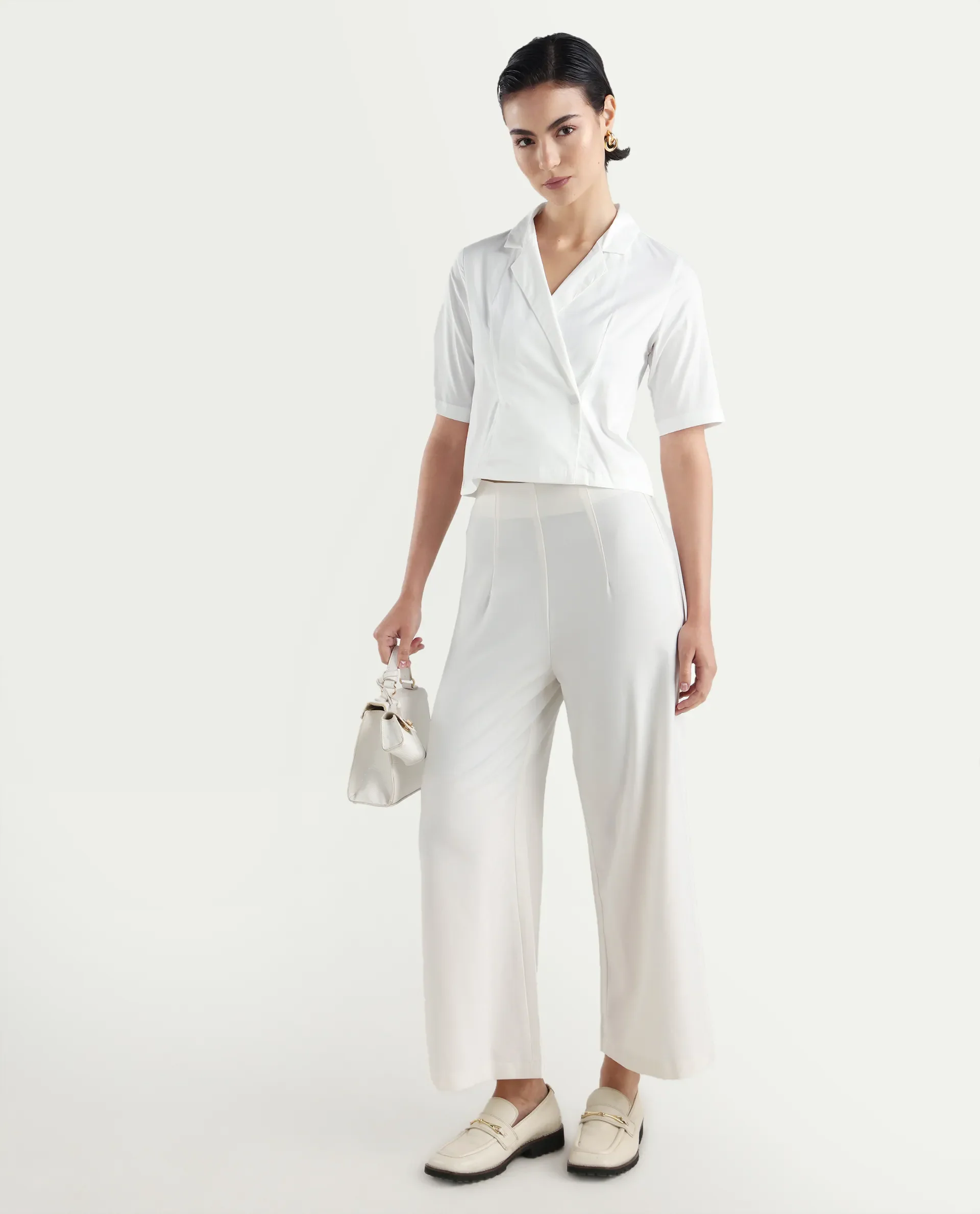 Rareism Women's Seui White Cotton Blend Lapel Neck Plain Crop Boxy Fit Top - Image 2