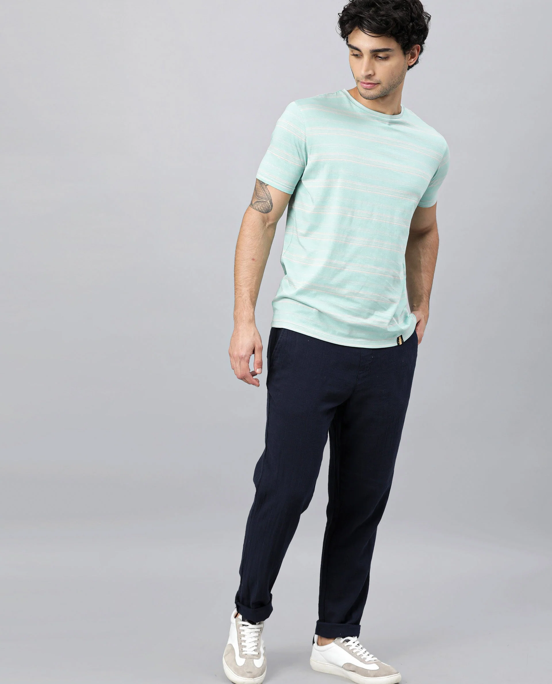 Rare Rabbit Men's Seus Turq Cotton Striped Print Slim Fit Half Sleeve Crew Neck T-Shirt - Image 2