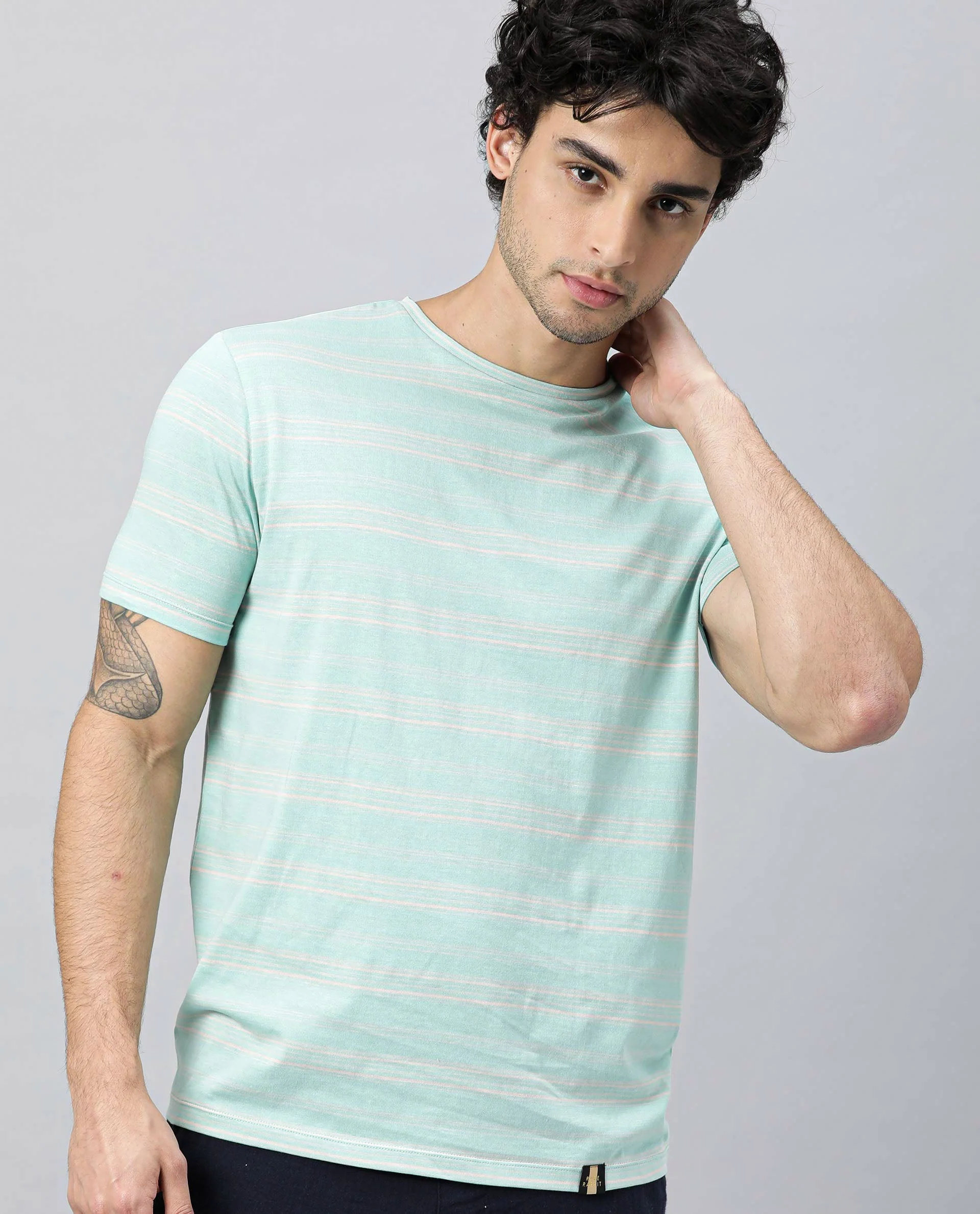 Rare Rabbit Men's Seus Turq Cotton Striped Print Slim Fit Half Sleeve Crew Neck T-Shirt - Image 3