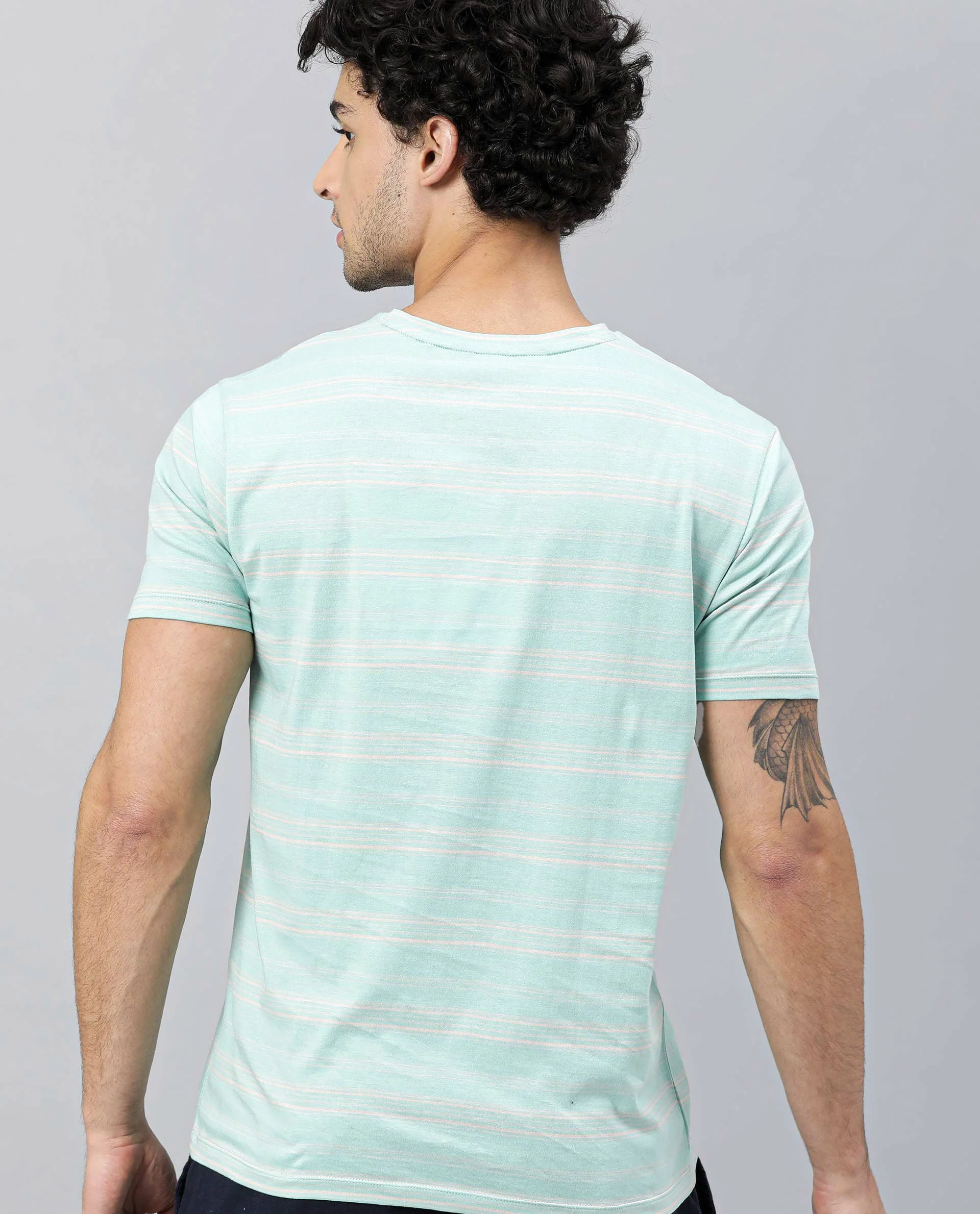 Rare Rabbit Men's Seus Turq Cotton Striped Print Slim Fit Half Sleeve Crew Neck T-Shirt - Image 4
