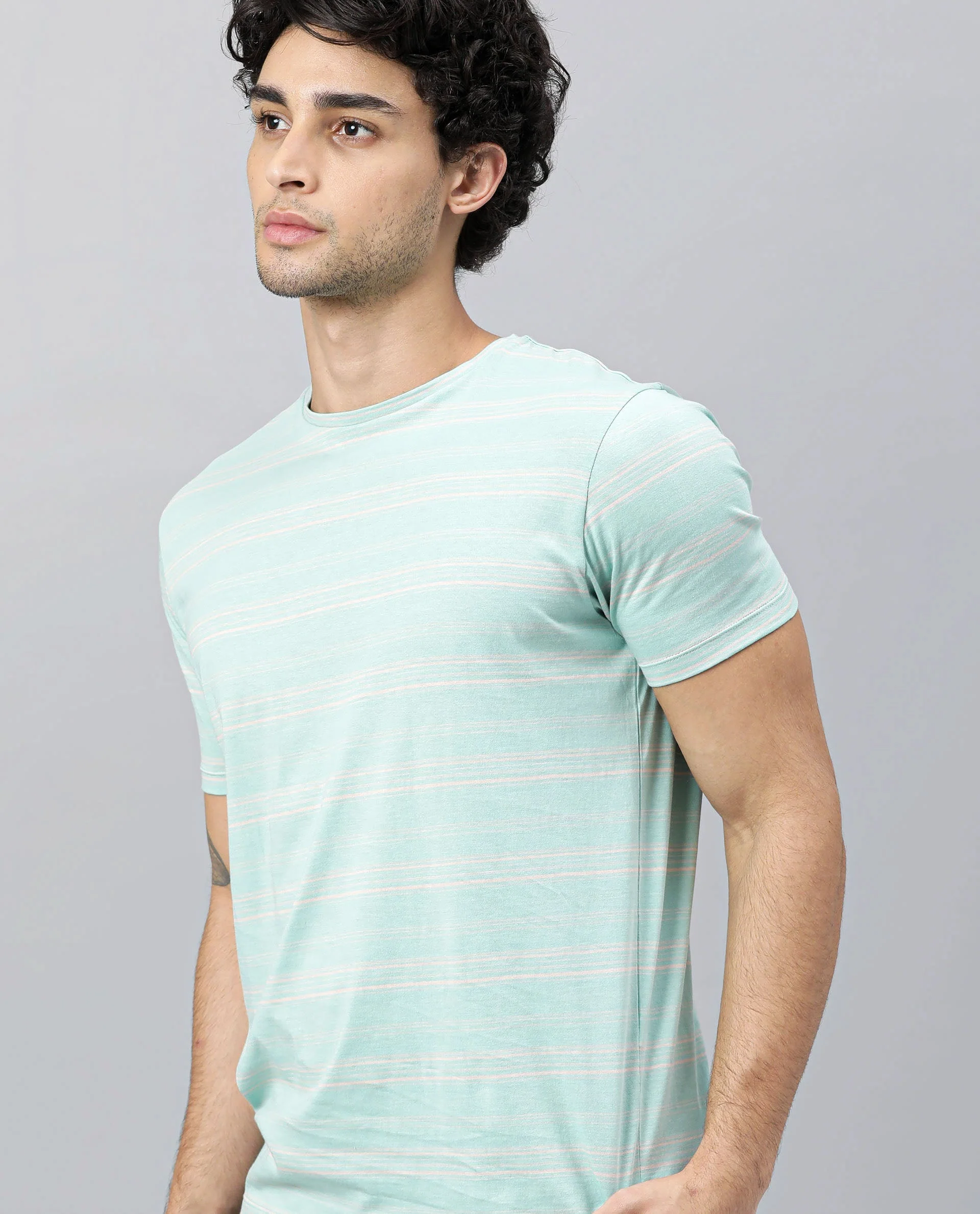 Rare Rabbit Men's Seus Turq Cotton Striped Print Slim Fit Half Sleeve Crew Neck T-Shirt - Image 6