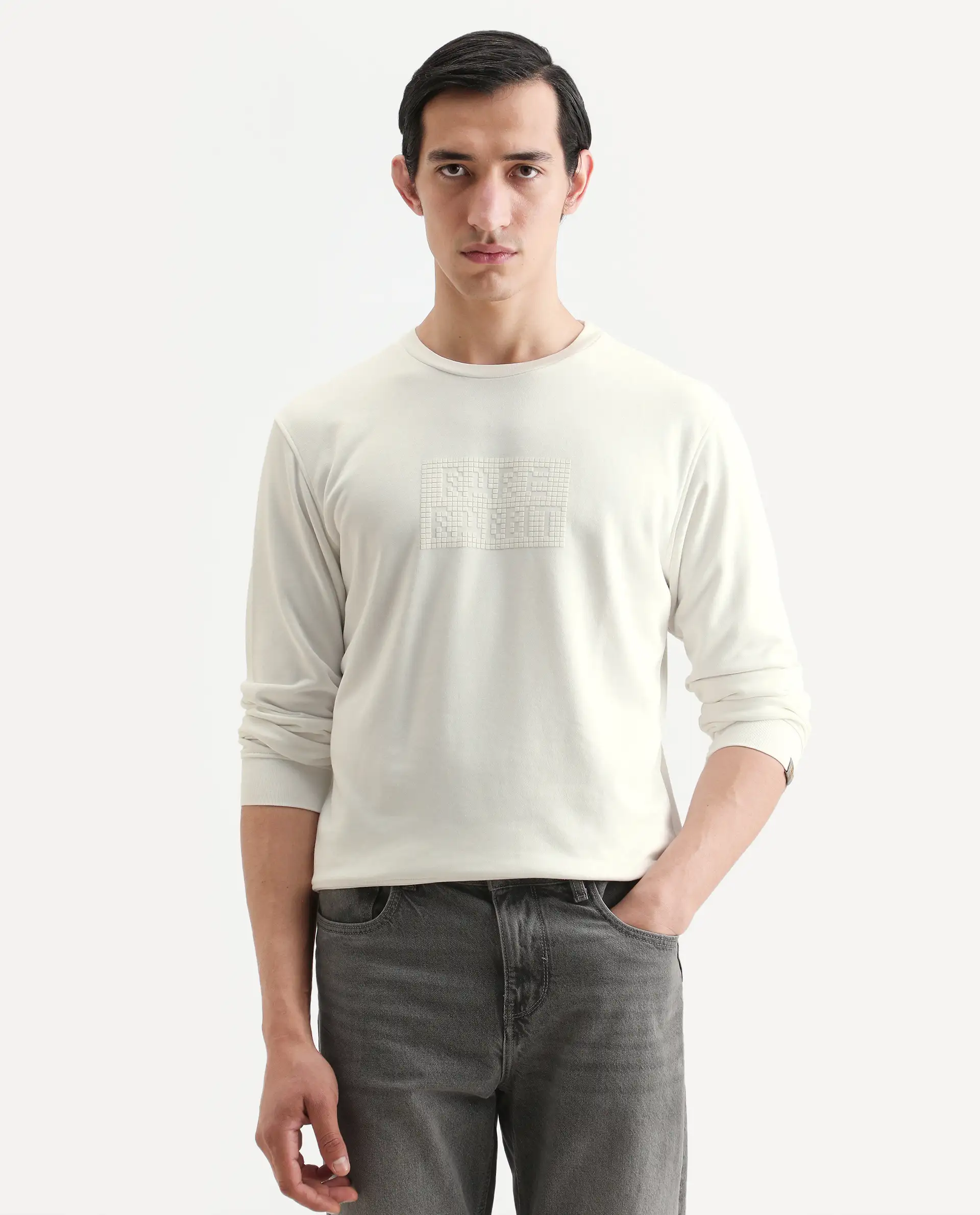 Rare Rabbit Men's Seven Off White Cotton Graphic Print Regular Fit Full Sleeve Crew Neck Sweatshirt - Image 3