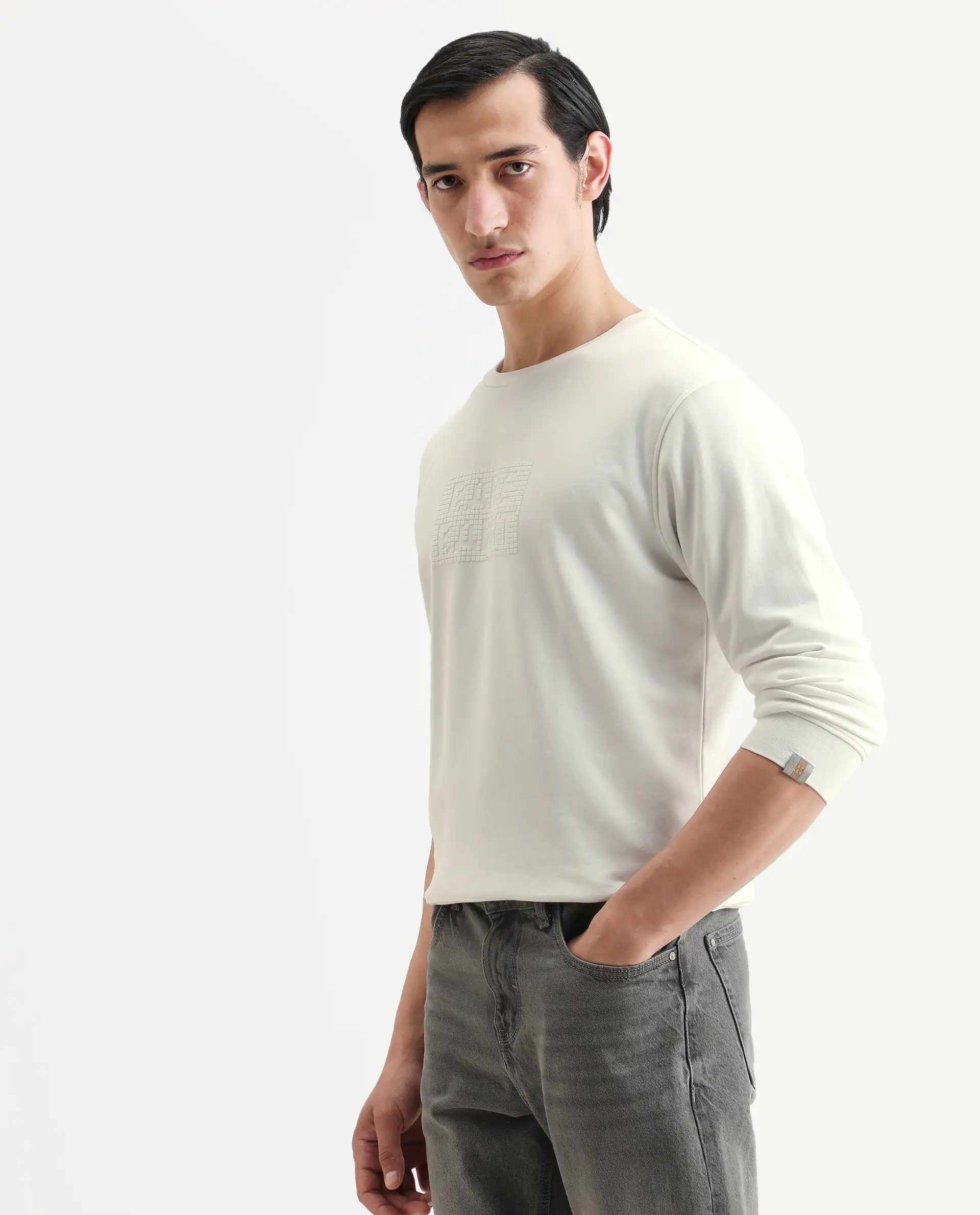 Rare Rabbit Men's Seven Off White Cotton Graphic Print Regular Fit Full Sleeve Crew Neck Sweatshirt - Image 5