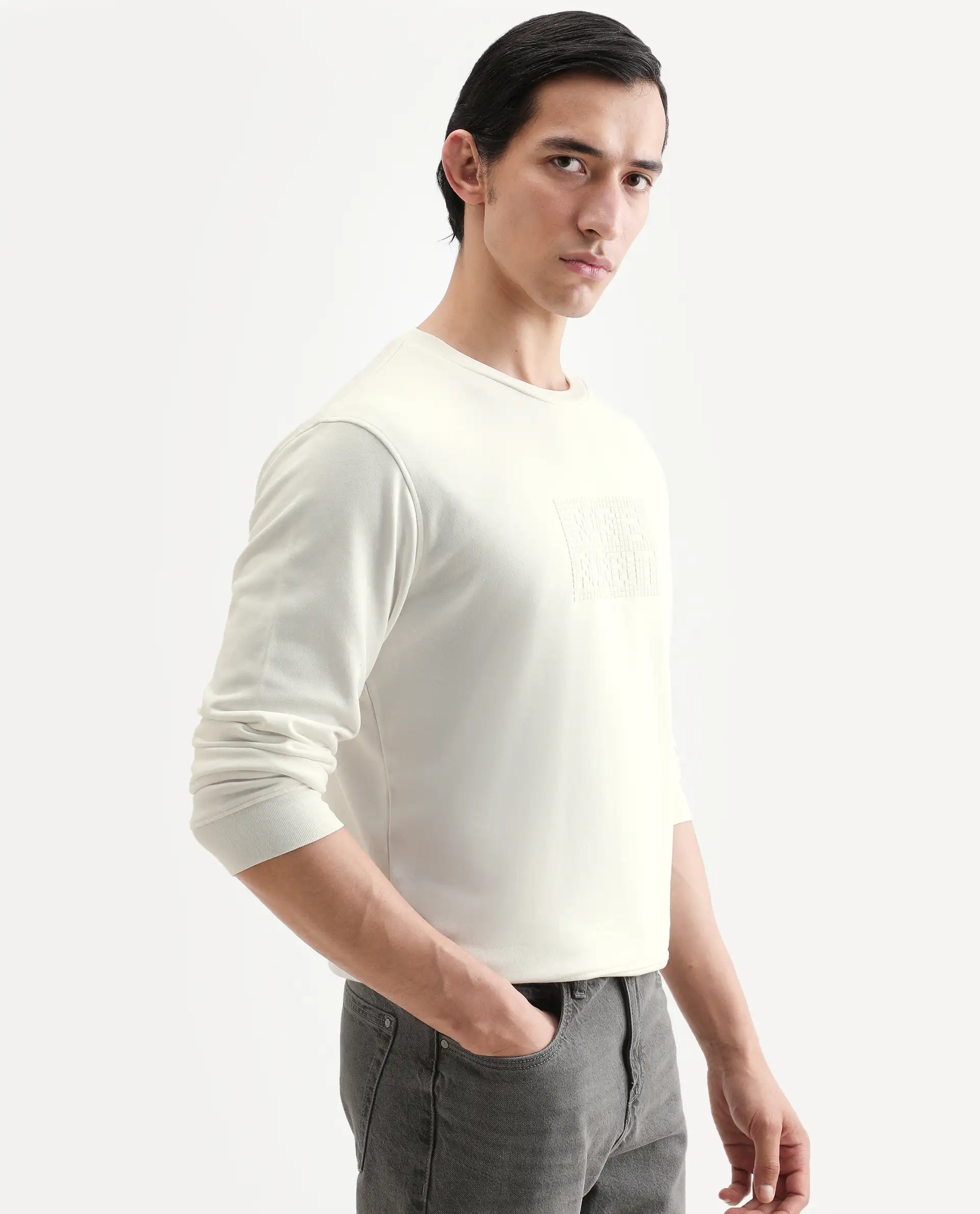 Rare Rabbit Men's Seven Off White Cotton Graphic Print Regular Fit Full Sleeve Crew Neck Sweatshirt - Image 6