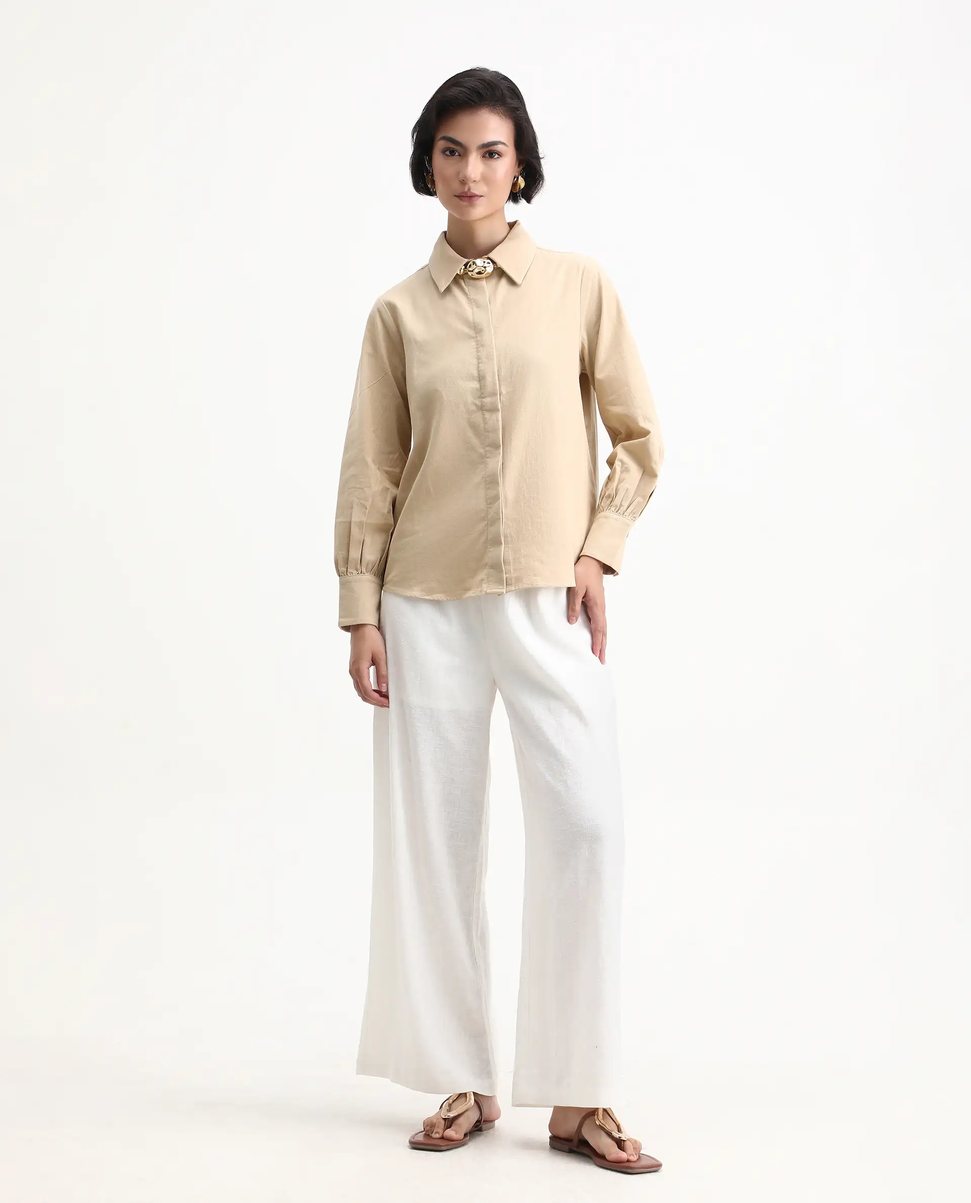 Rareism Women's Severo Beige Cotton Spread Collar Plain Cuffed Sleeve Regular Fit Shirt - Image 2