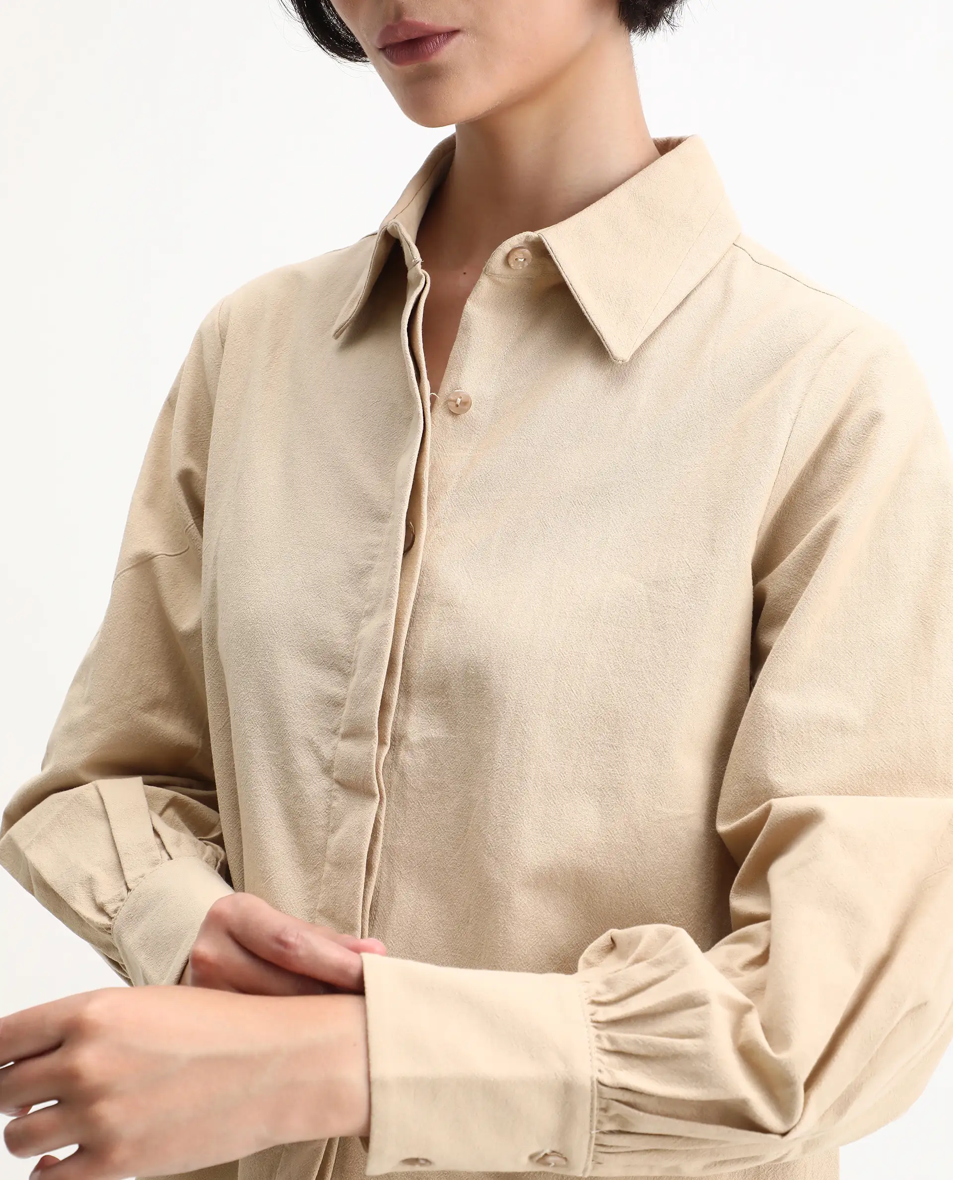 Rareism Women's Severo Beige Cotton Spread Collar Plain Cuffed Sleeve Regular Fit Shirt - Image 3