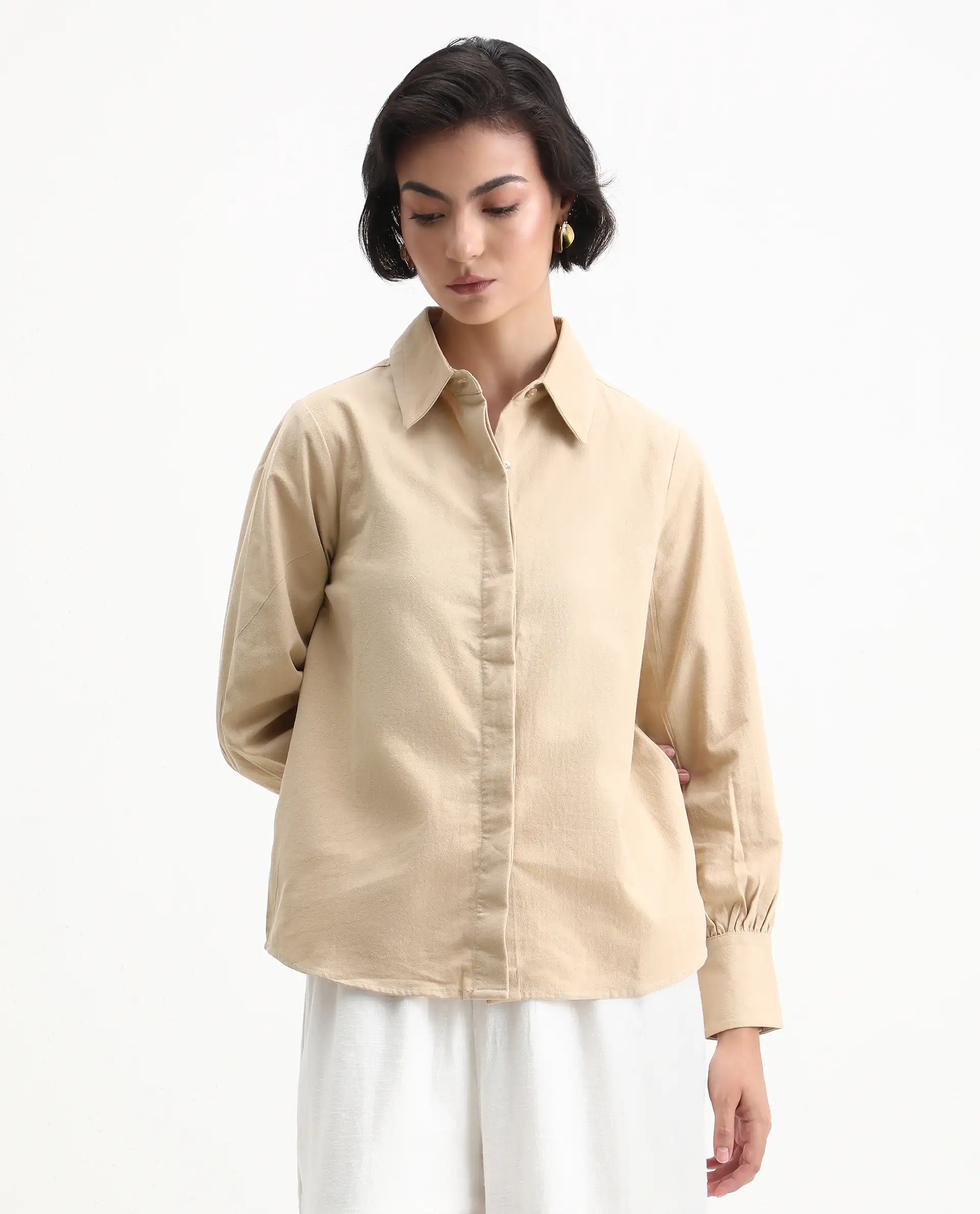 Rareism Women's Severo Beige Cotton Spread Collar Plain Cuffed Sleeve Regular Fit Shirt - Image 4
