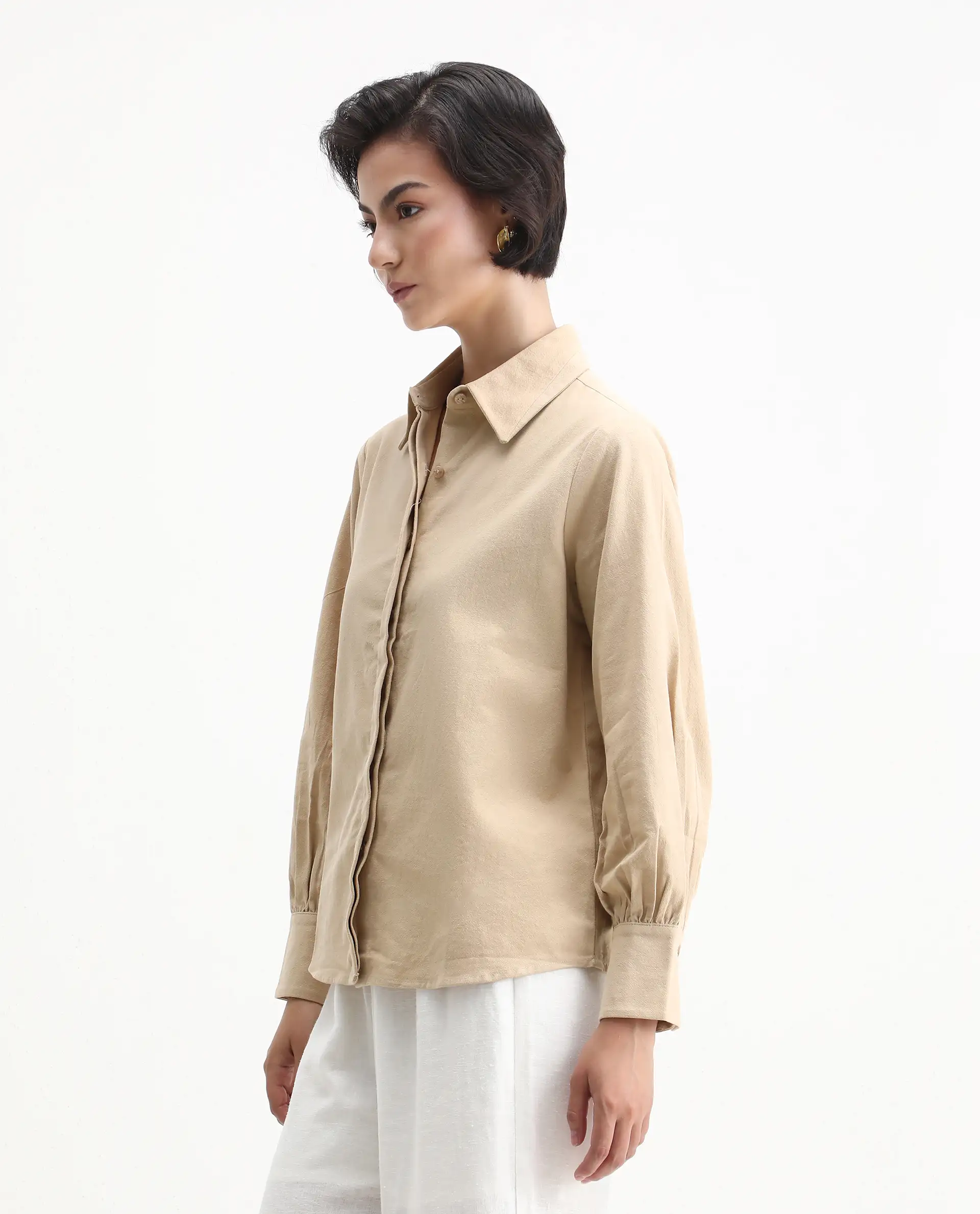 Rareism Women's Severo Beige Cotton Spread Collar Plain Cuffed Sleeve Regular Fit Shirt - Image 5