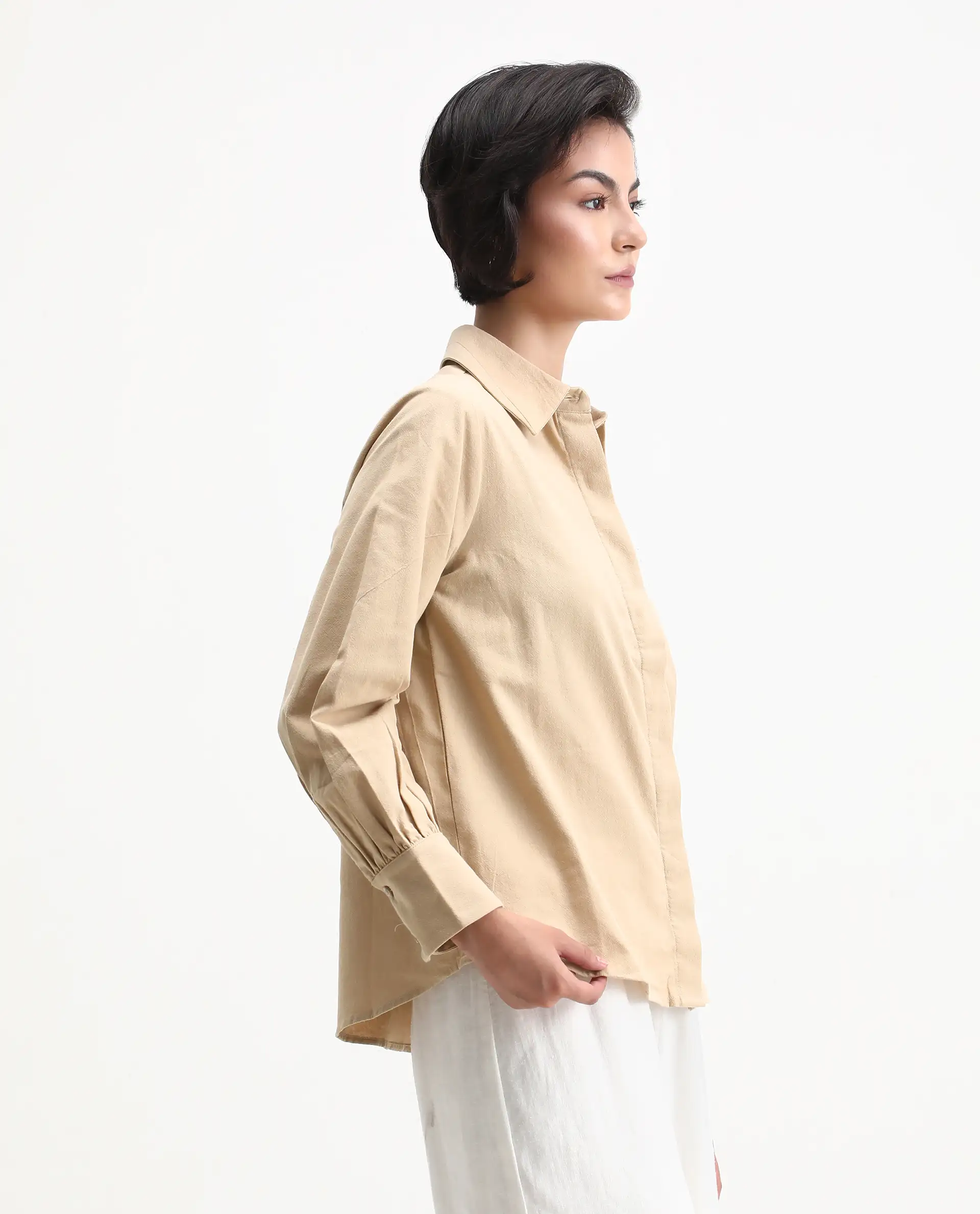 Rareism Women's Severo Beige Cotton Spread Collar Plain Cuffed Sleeve Regular Fit Shirt - Image 6