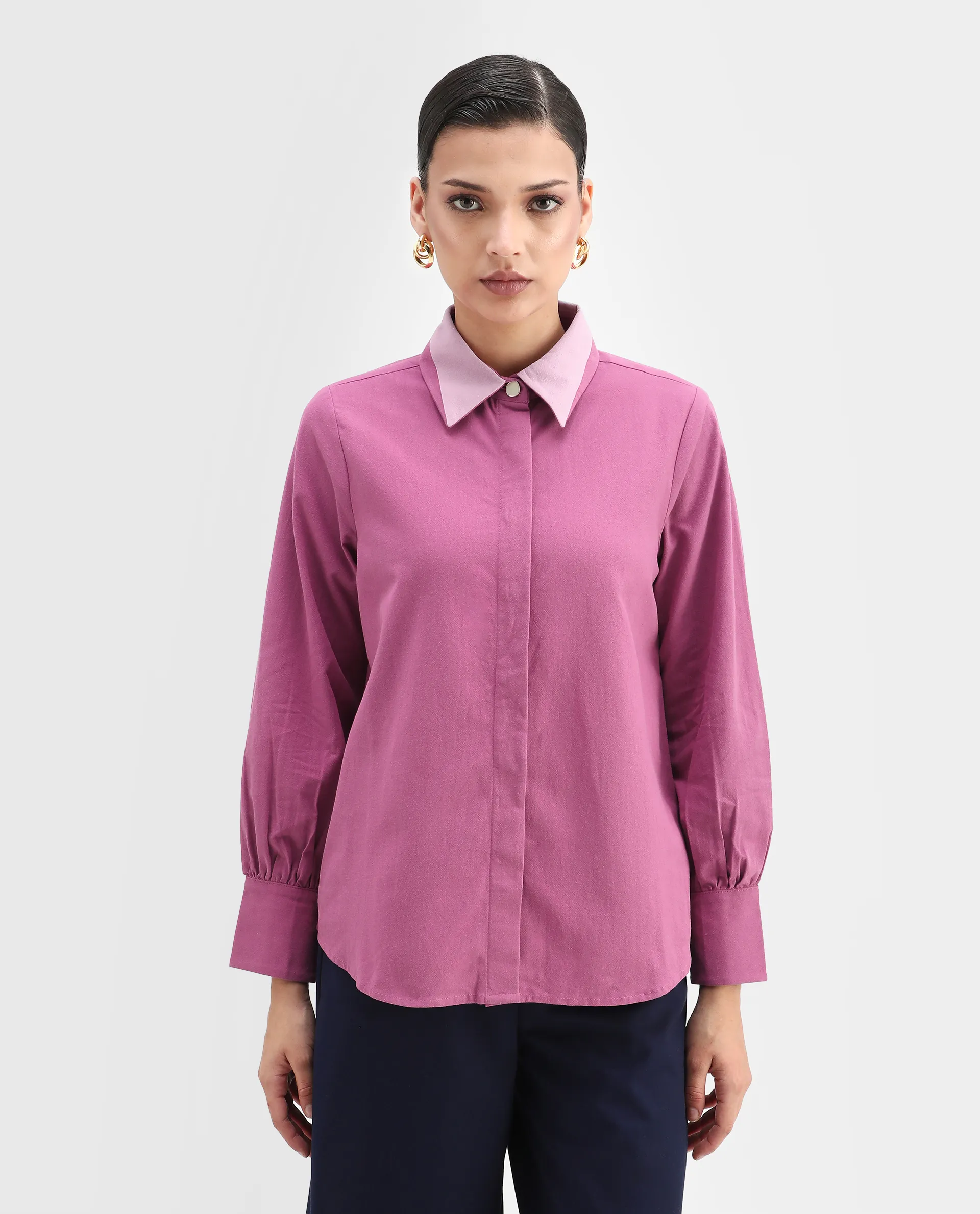 Rareism Women's Severo Pink Cotton Drop Collar Plain Cuffed Sleeve Regular Fit Shirt - Image 3