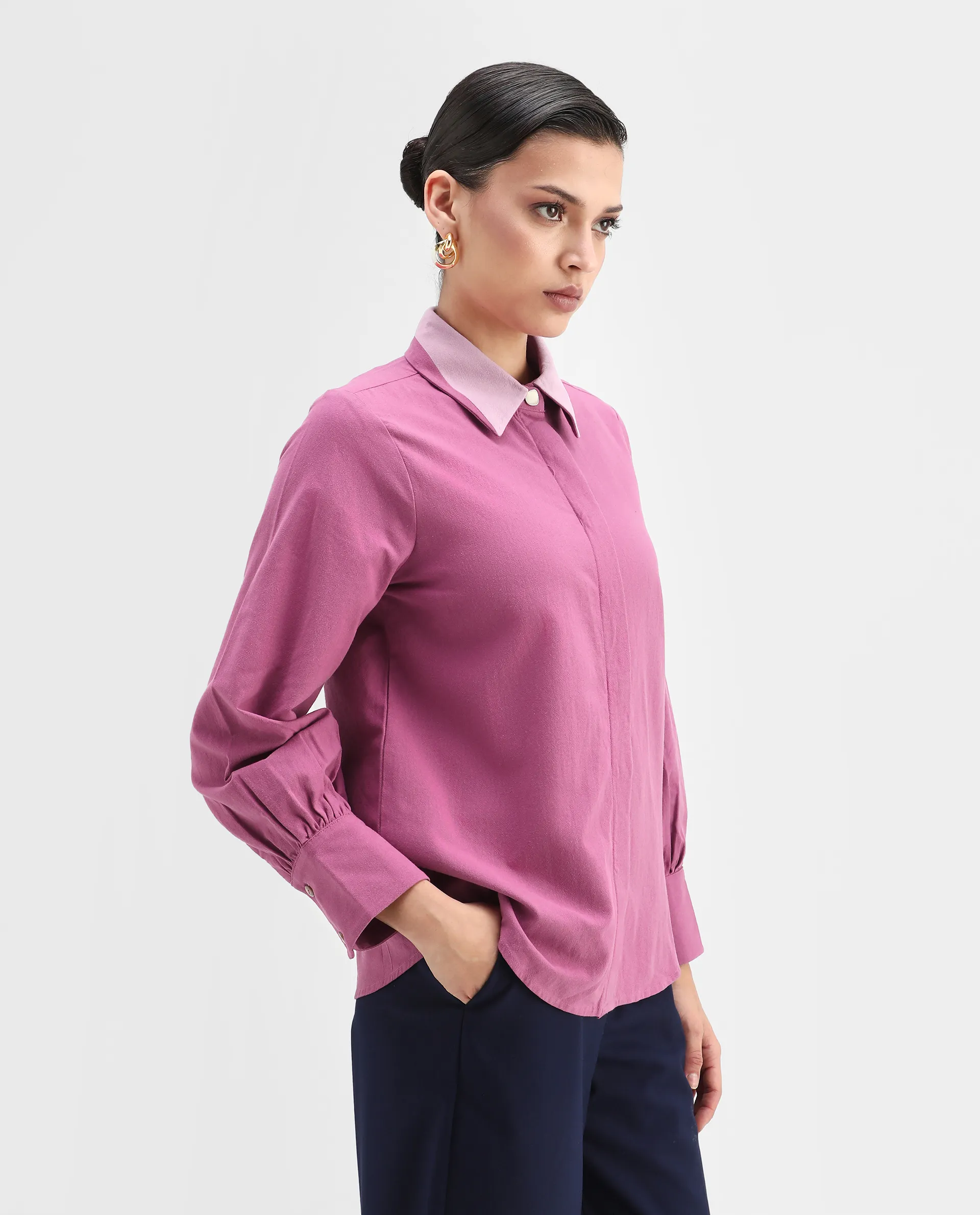 Rareism Women's Severo Pink Cotton Drop Collar Plain Cuffed Sleeve Regular Fit Shirt - Image 5