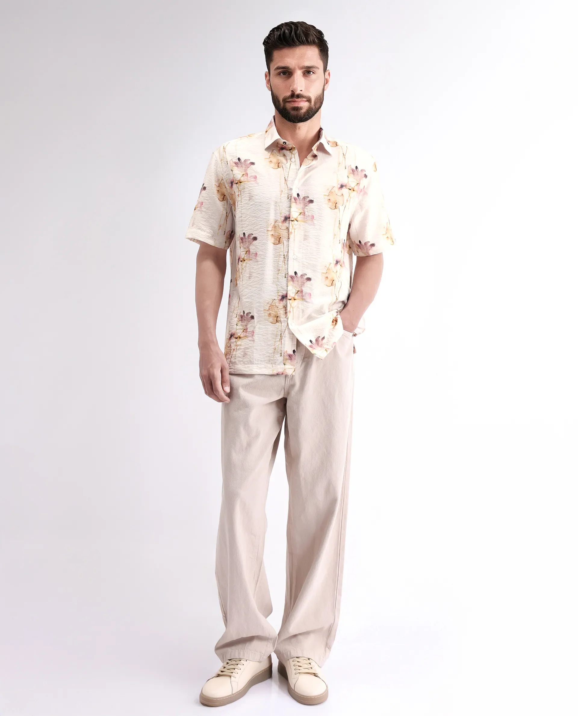 Rare Rabbit Men's Sha Beige Viscose Blend Abstract Print Relaxed Fit Half Sleeve Collared Shirt - Image 2