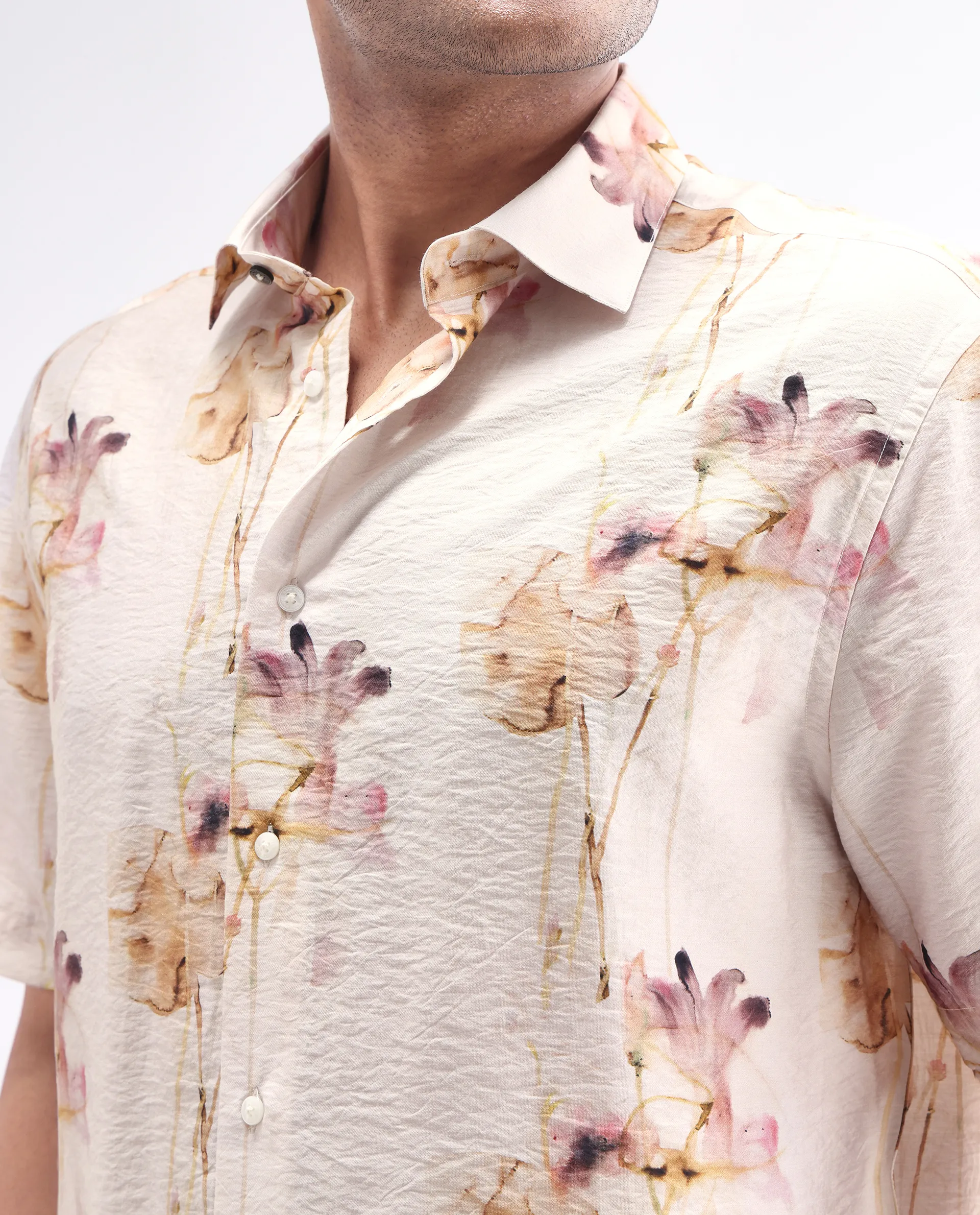 Rare Rabbit Men's Sha Beige Viscose Blend Abstract Print Relaxed Fit Half Sleeve Collared Shirt - Image 3