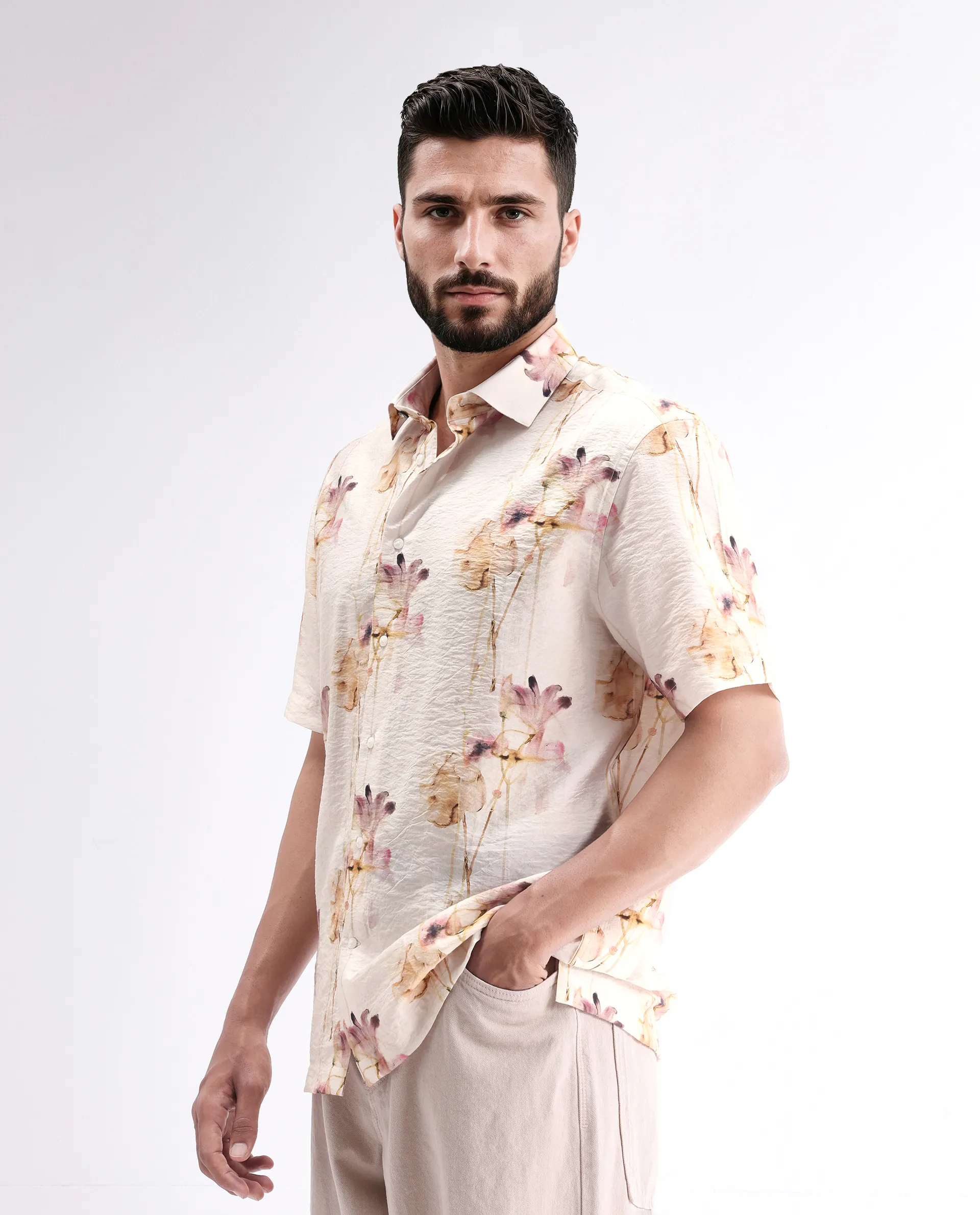 Rare Rabbit Men's Sha Beige Viscose Blend Abstract Print Relaxed Fit Half Sleeve Collared Shirt - Image 5