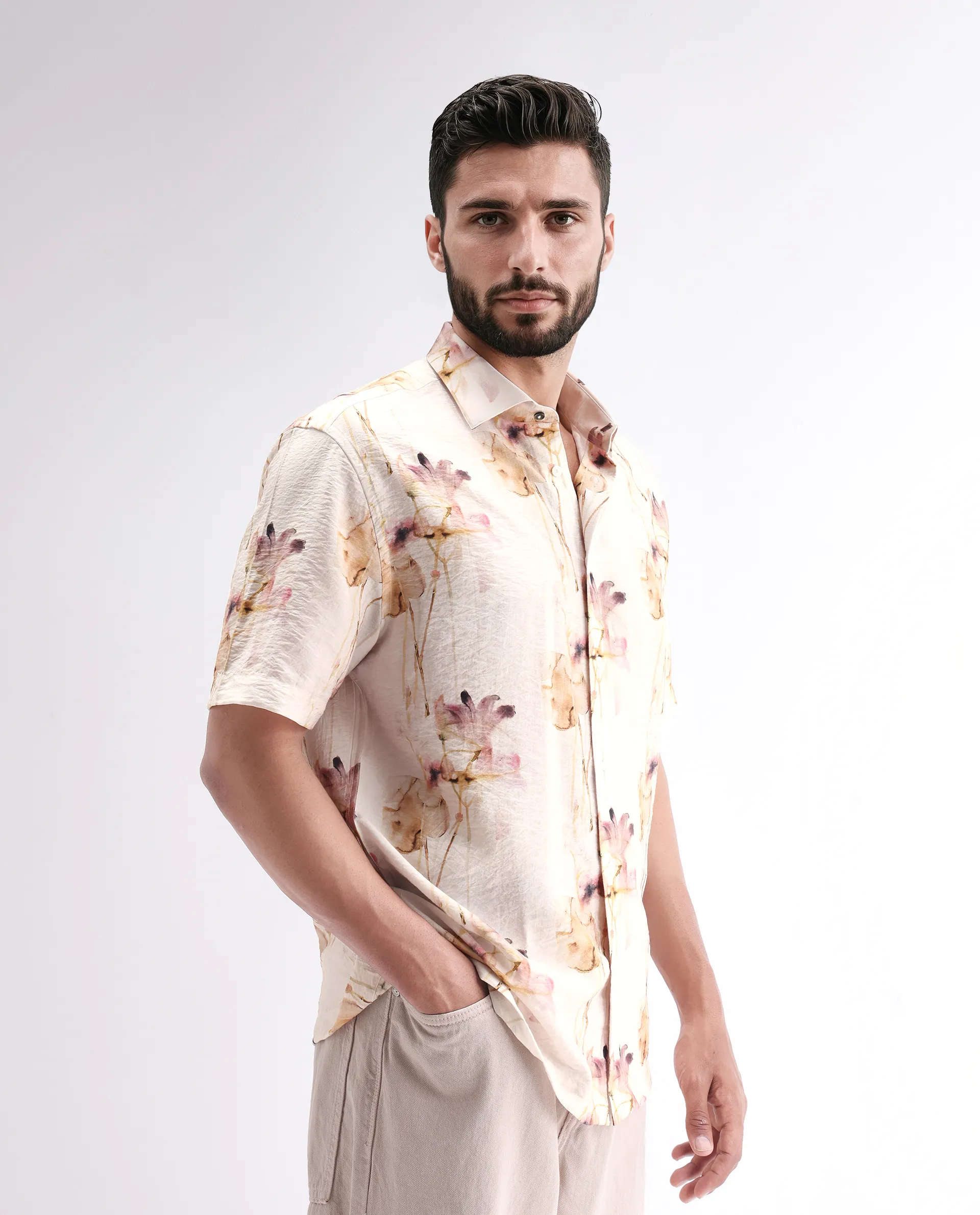 Rare Rabbit Men's Sha Beige Viscose Blend Abstract Print Relaxed Fit Half Sleeve Collared Shirt - Image 6