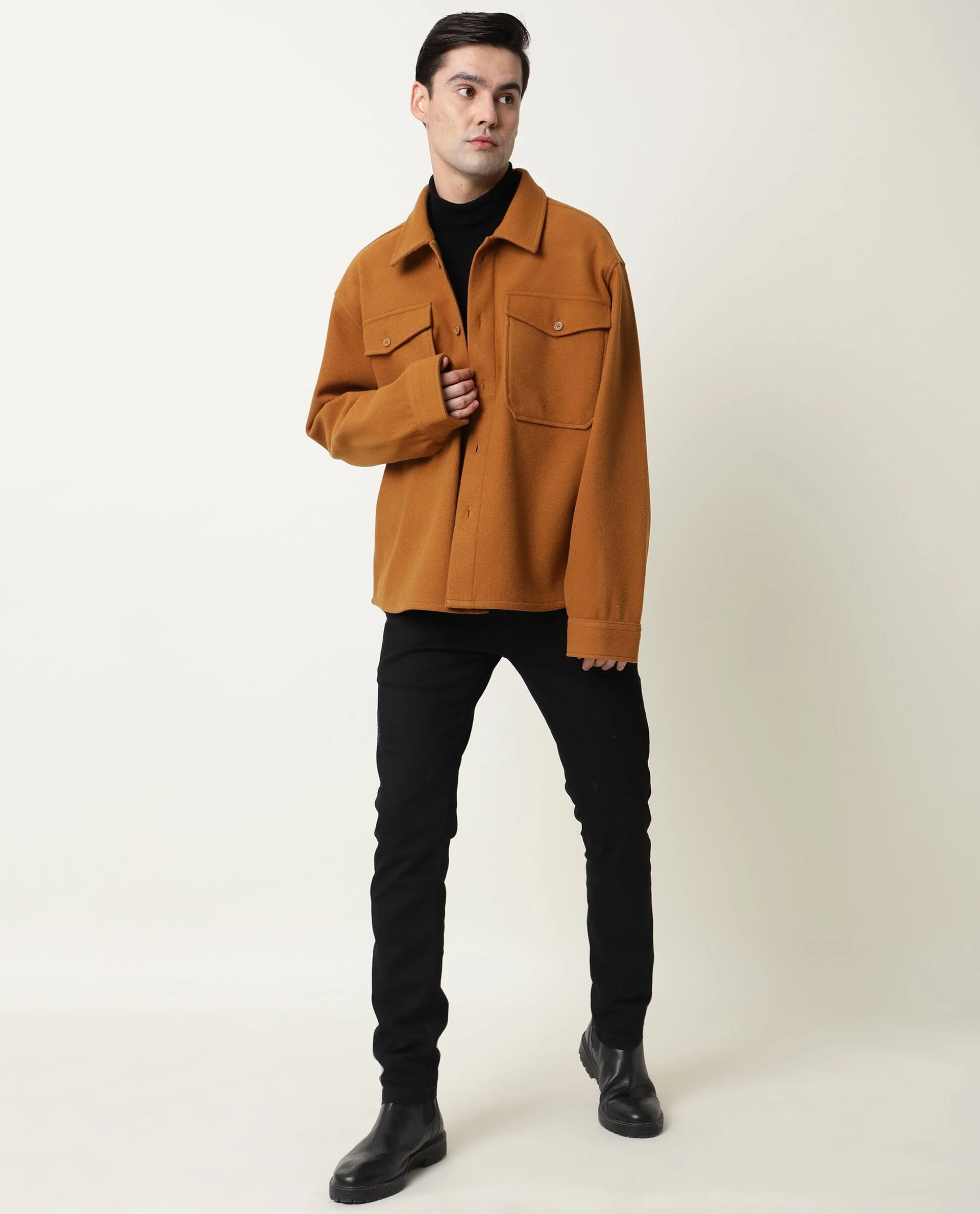 Rare Rabbit Men's Shack Tan Plain Regular Fit Full Sleeve Jacket - Image 3