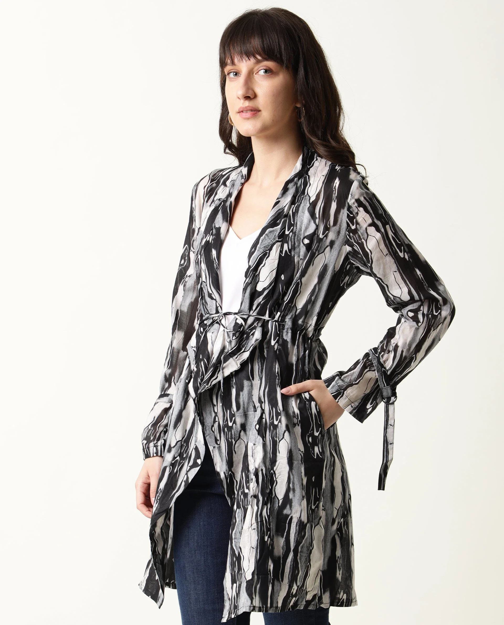 Rareism Women's Shake Black Cotton Collarless Relaxed Fit Outer Wear - Image 3
