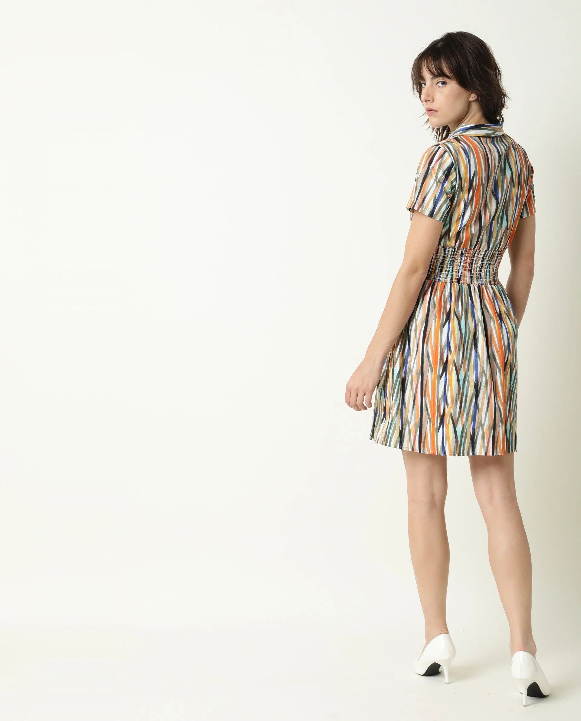 Rareism Women's Shallom Multi V-Neck Abstract Print Knee Length Regular Fit Dress - Image 11