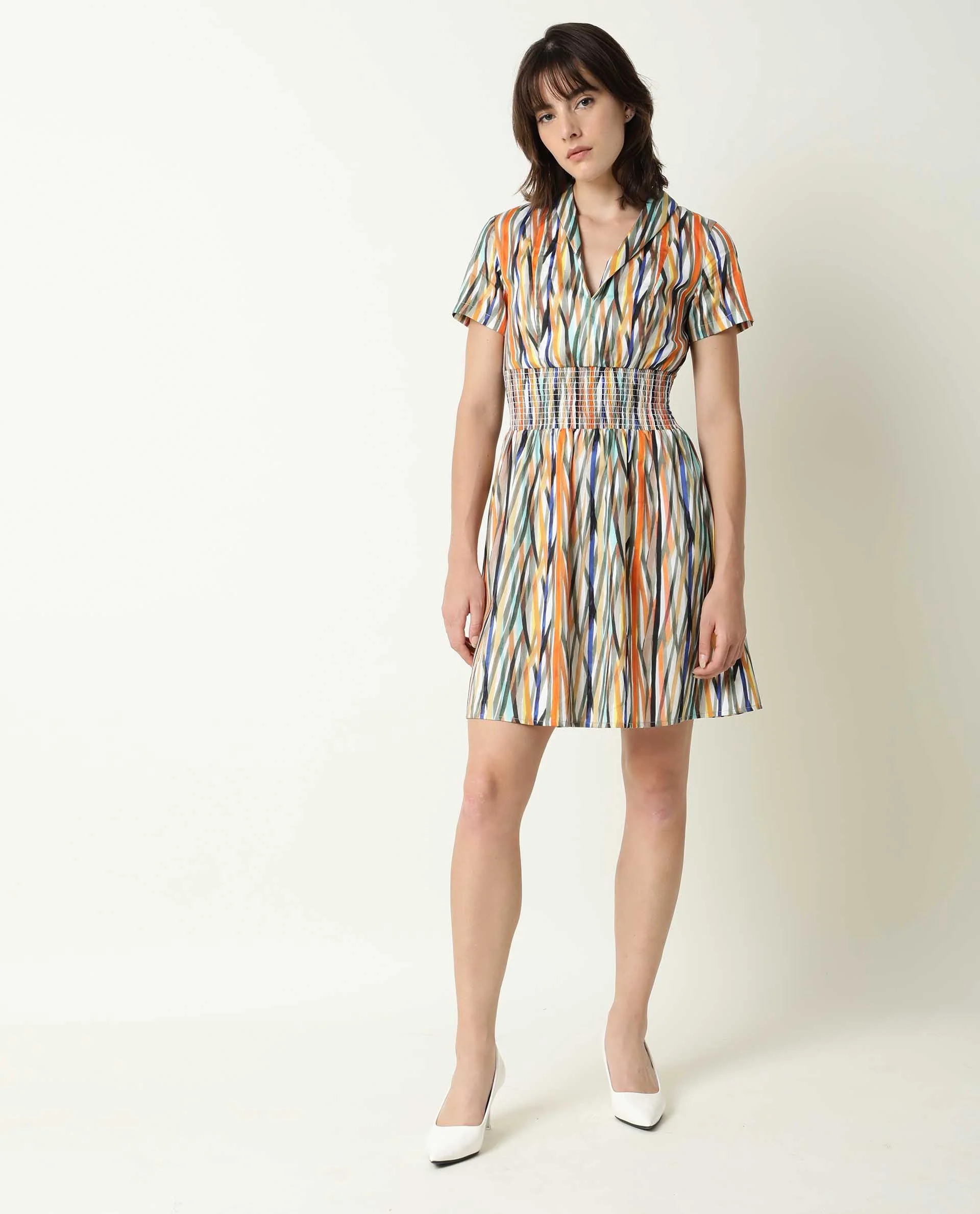 Rareism Women's Shallom Multi V-Neck Abstract Print Knee Length Regular Fit Dress - Image 2