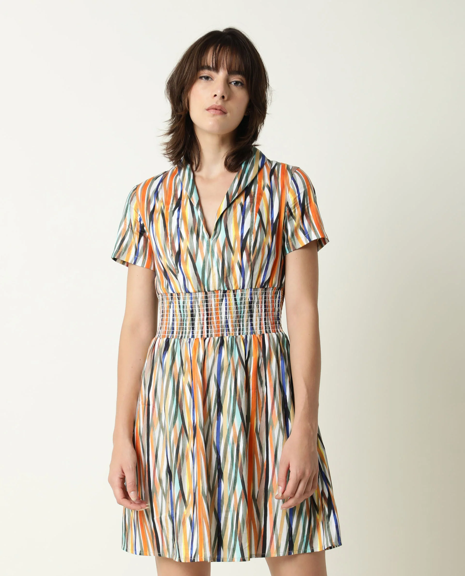 Rareism Women's Shallom Multi V-Neck Abstract Print Knee Length Regular Fit Dress - Image 4