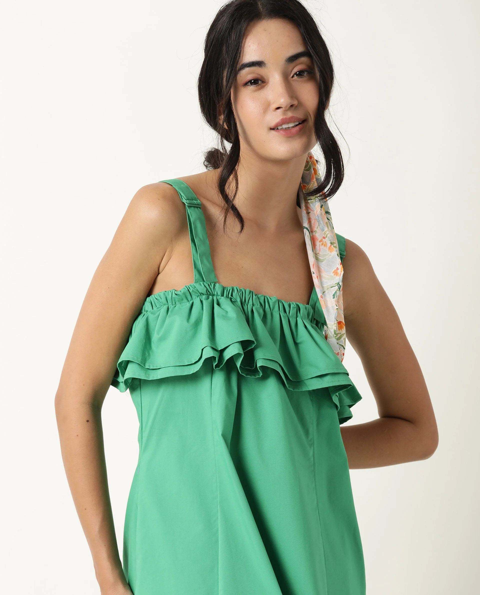 Rareism Women's Shallow Green Cotton Blend Tube Neck Plain Sleeveless Knee Length Regular Fit Dress - Image 2