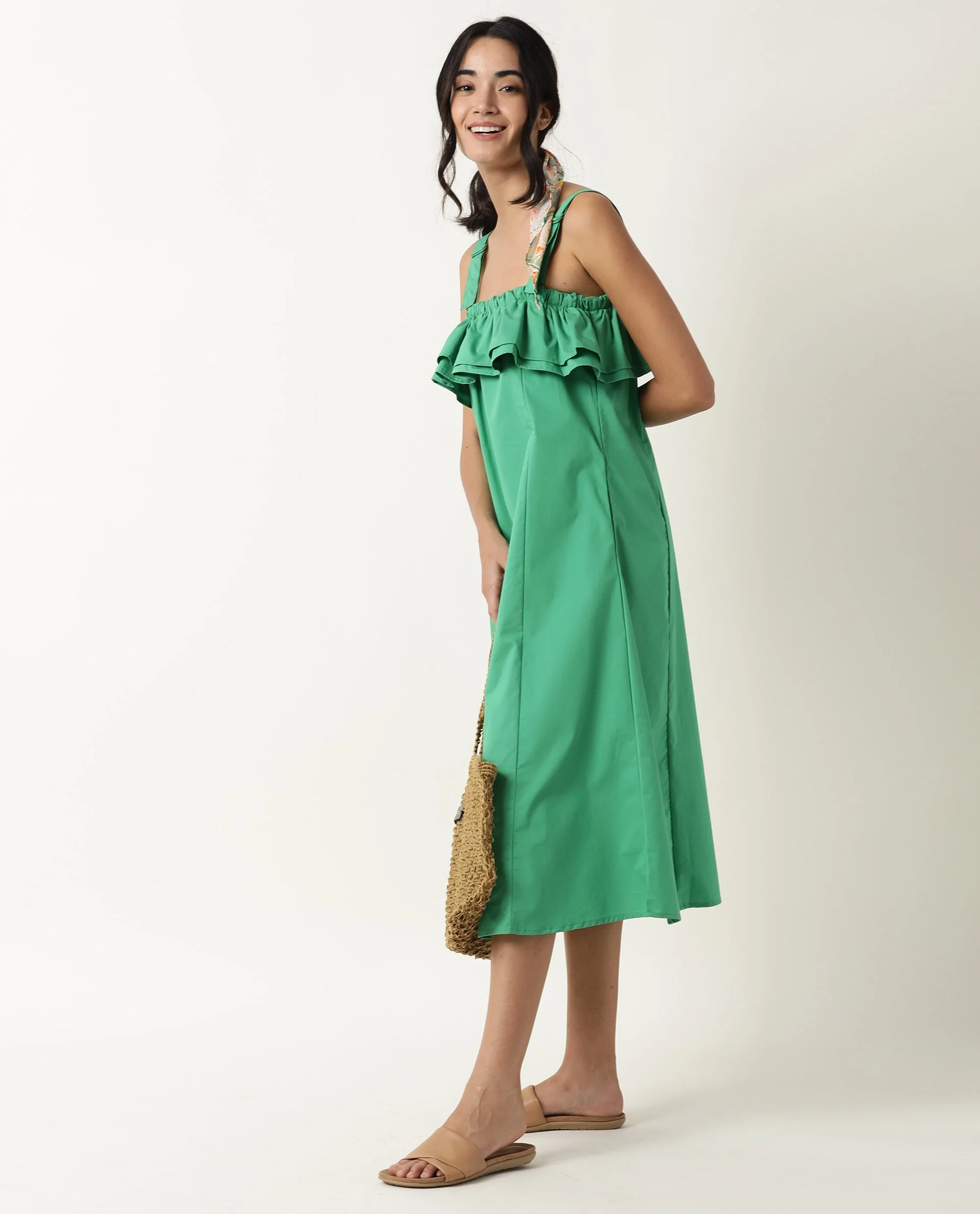 Rareism Women's Shallow Green Cotton Blend Tube Neck Plain Sleeveless Knee Length Regular Fit Dress - Image 3