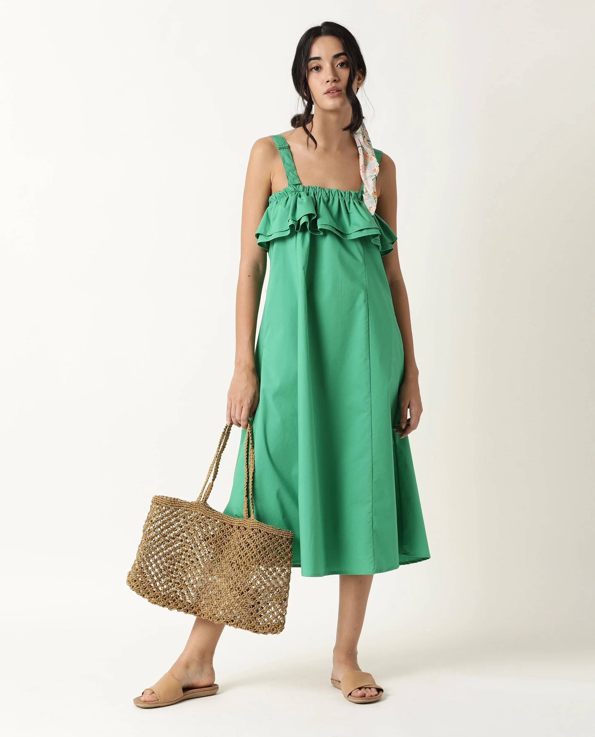 Rareism Women's Shallow Green Cotton Blend Tube Neck Plain Sleeveless Knee Length Regular Fit Dress - Image 4