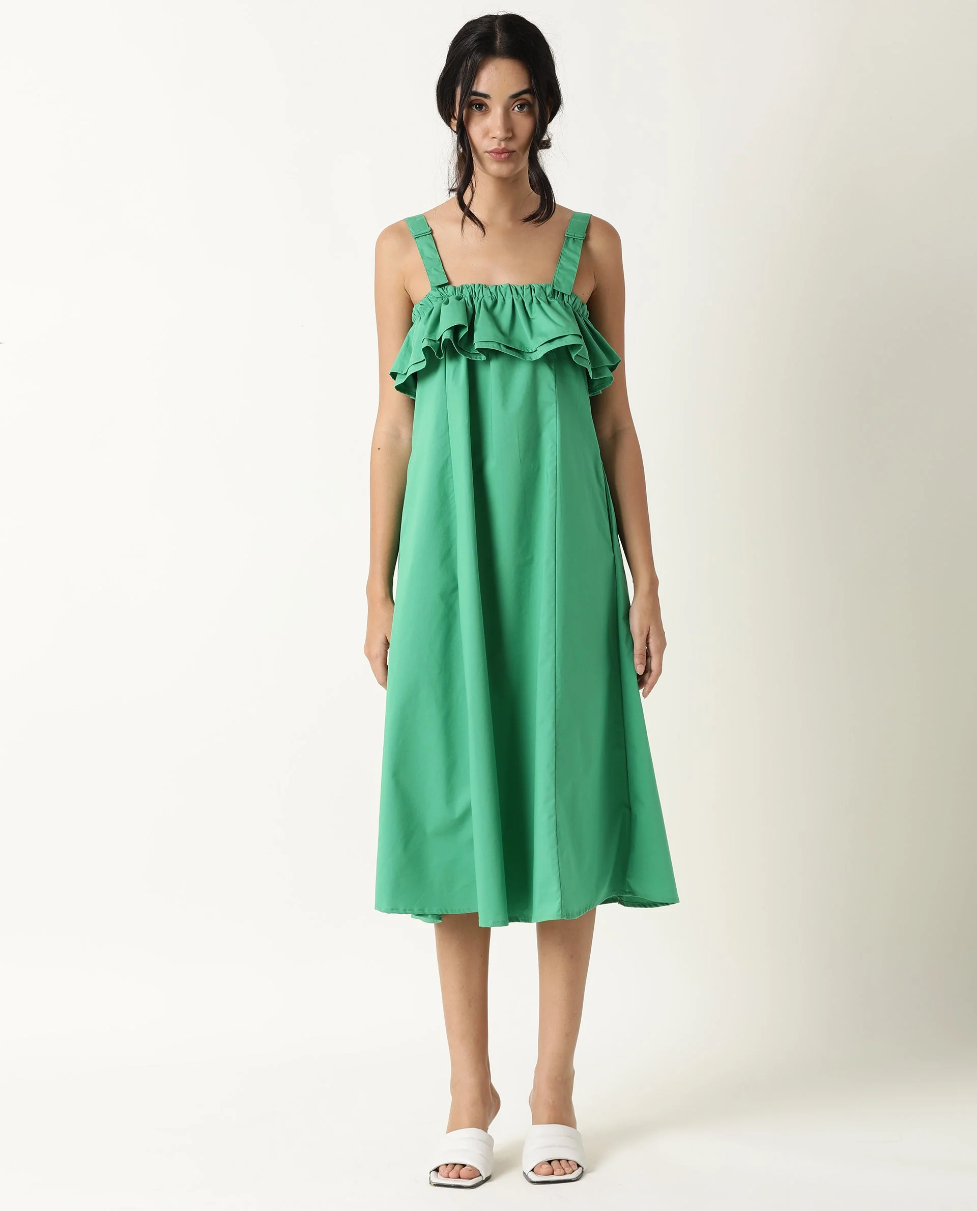 Rareism Women's Shallow Green Cotton Blend Tube Neck Plain Sleeveless Knee Length Regular Fit Dress - Image 6