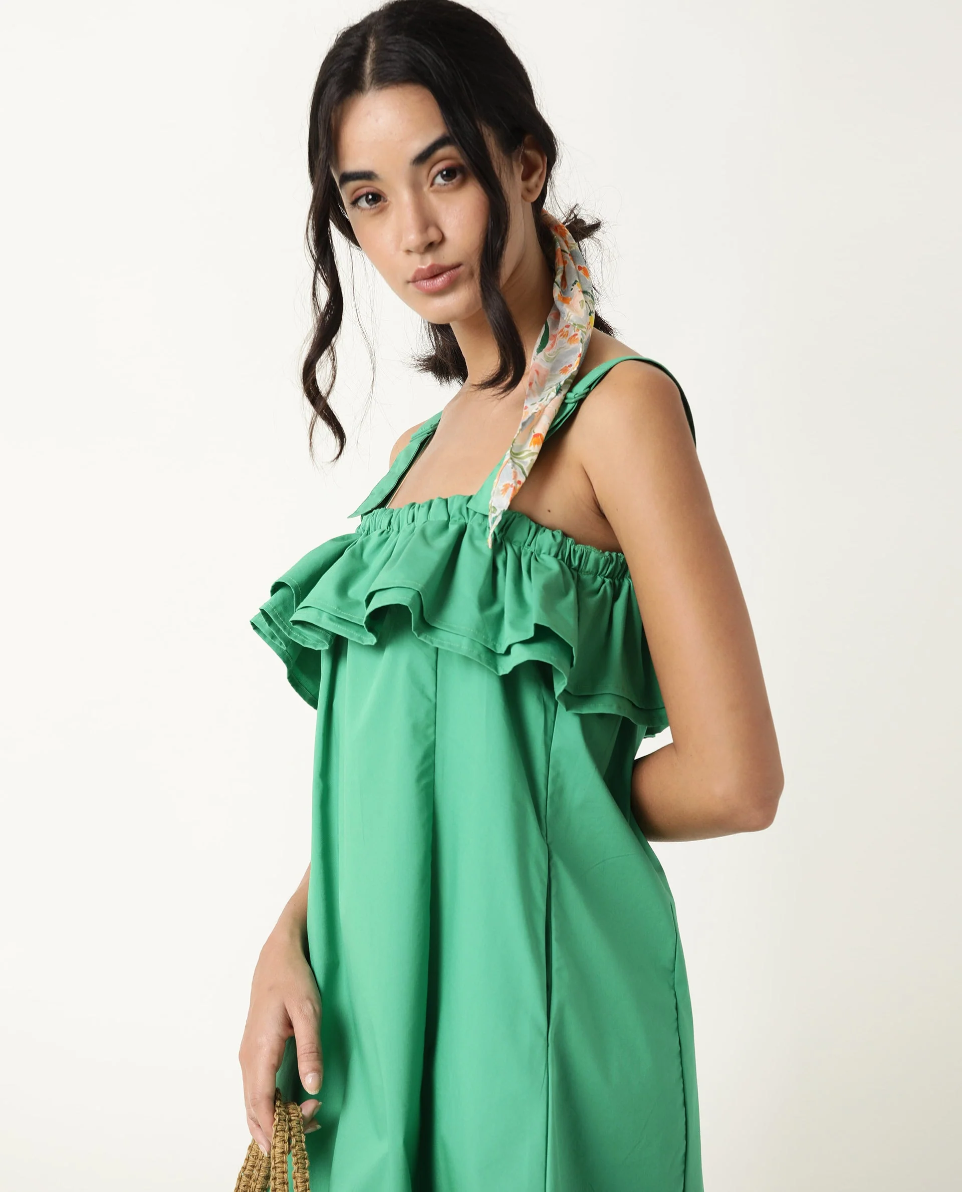 Rareism Women's Shallow Green Cotton Blend Tube Neck Plain Sleeveless Knee Length Regular Fit Dress - Image 7