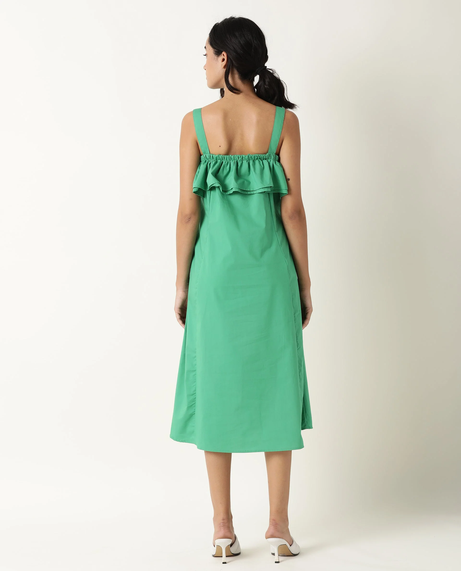 Rareism Women's Shallow Green Cotton Blend Tube Neck Plain Sleeveless Knee Length Regular Fit Dress - Image 9