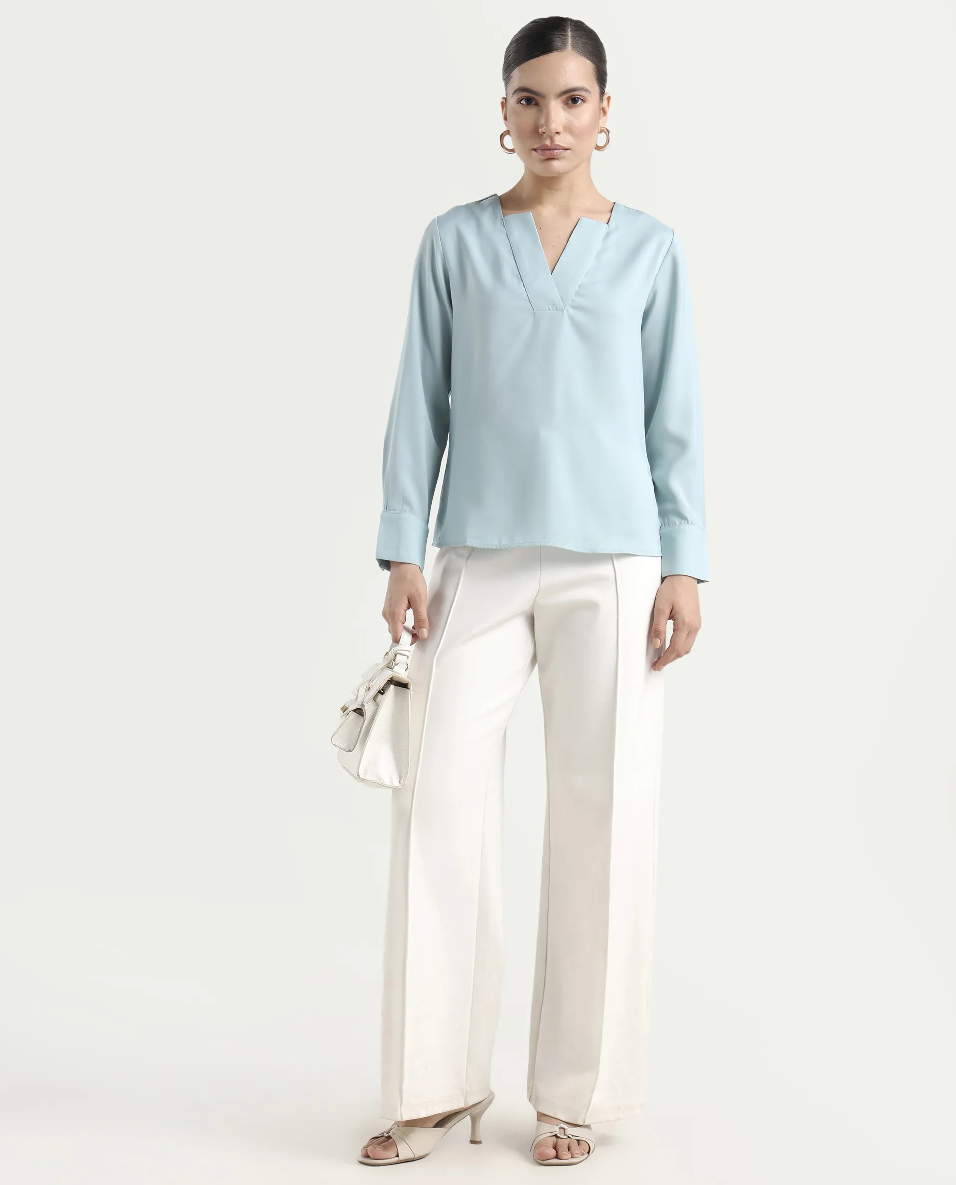 Rareism Women's Shami Light Blue Polyester V-Neck Plain Cuffed Sleeve Regular Fit Top - Image 2