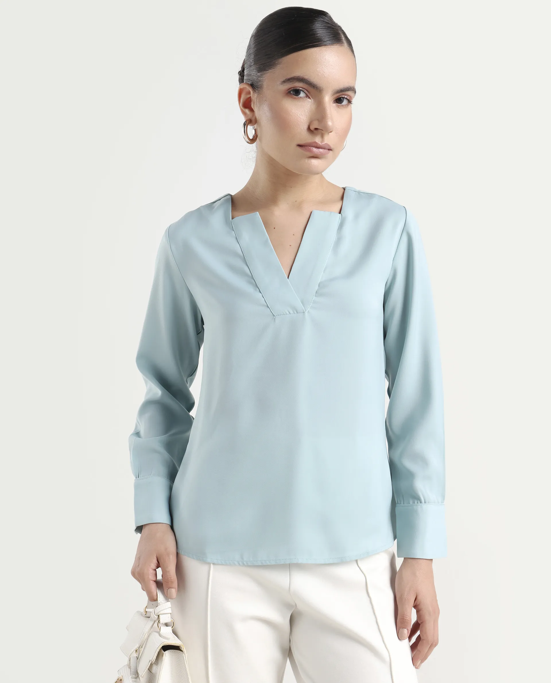 Rareism Women's Shami Light Blue Polyester V-Neck Plain Cuffed Sleeve Regular Fit Top - Image 3