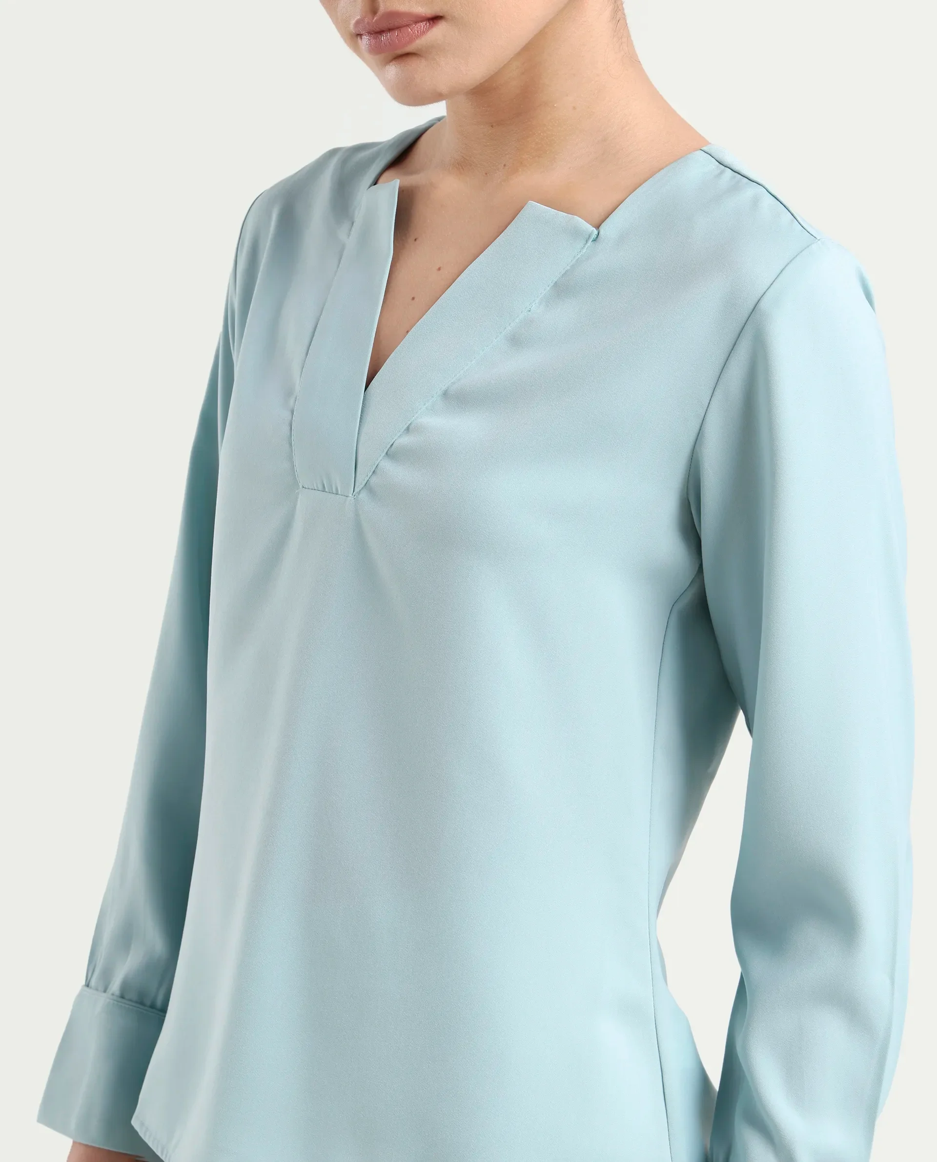 Rareism Women's Shami Light Blue Polyester V-Neck Plain Cuffed Sleeve Regular Fit Top - Image 4