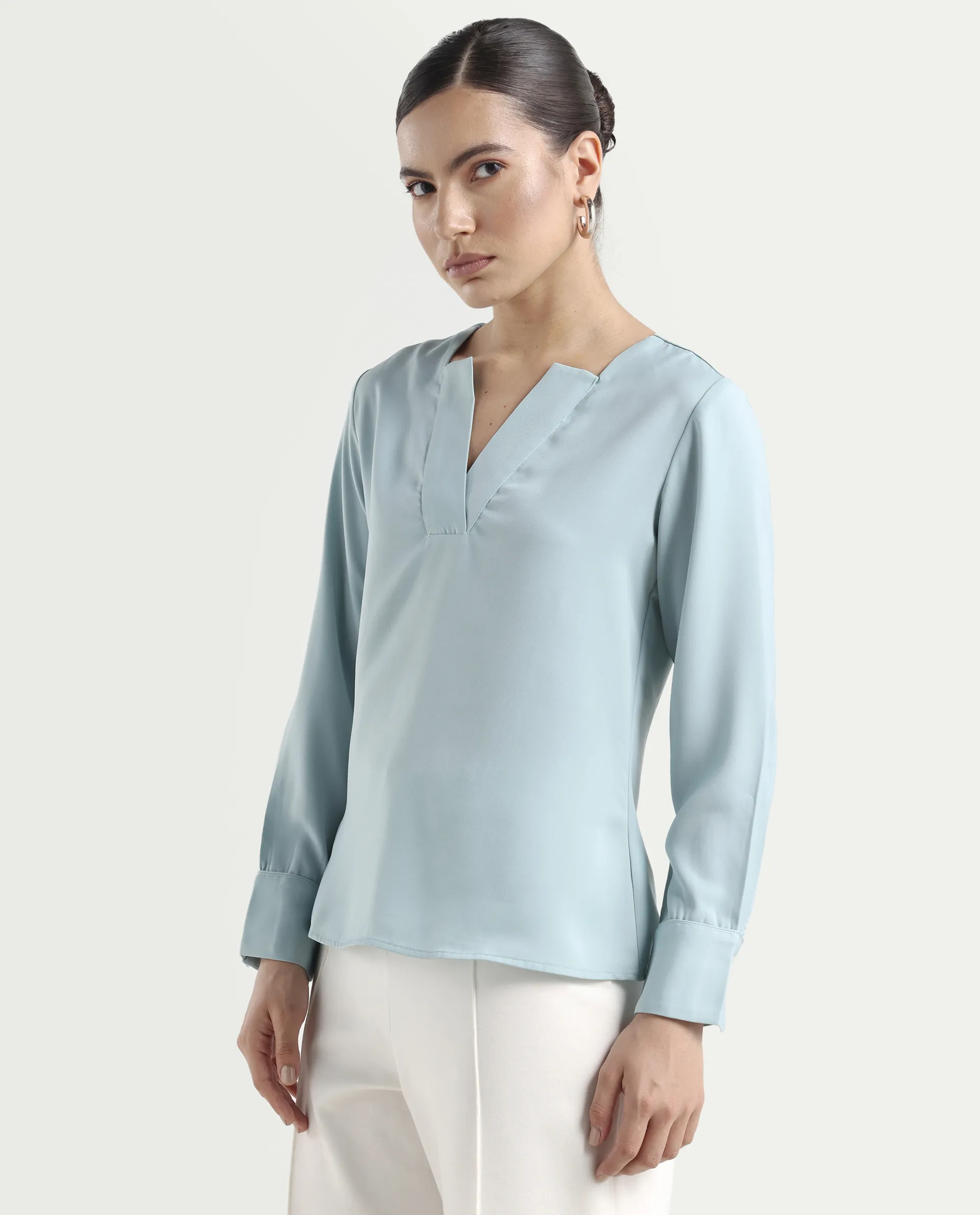 Rareism Women's Shami Light Blue Polyester V-Neck Plain Cuffed Sleeve Regular Fit Top - Image 5