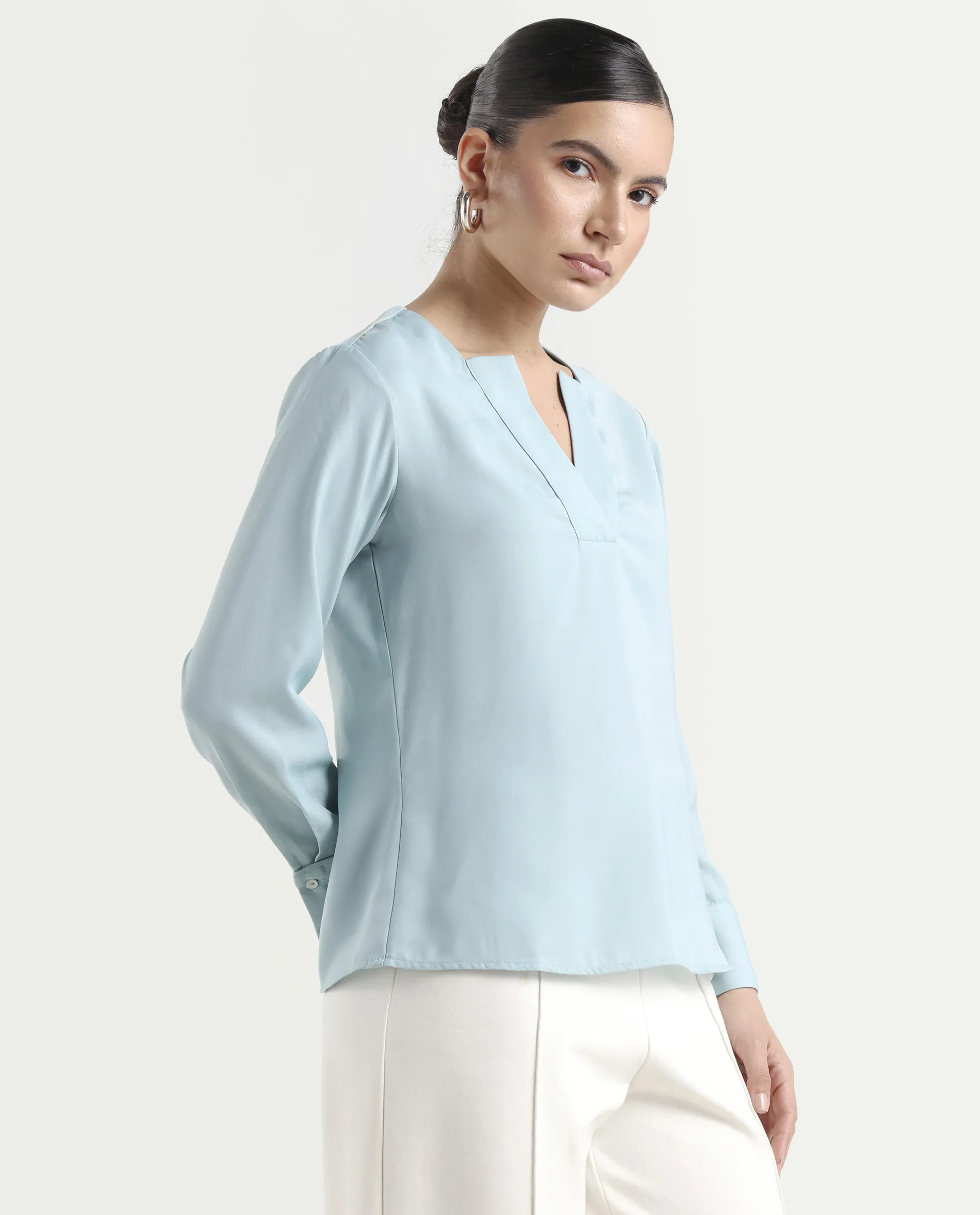 Rareism Women's Shami Light Blue Polyester V-Neck Plain Cuffed Sleeve Regular Fit Top - Image 6