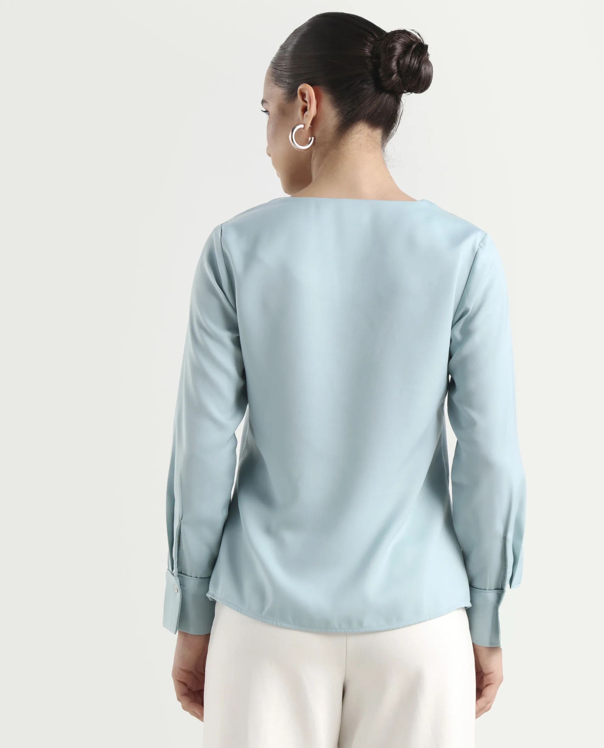 Rareism Women's Shami Light Blue Polyester V-Neck Plain Cuffed Sleeve Regular Fit Top - Image 7