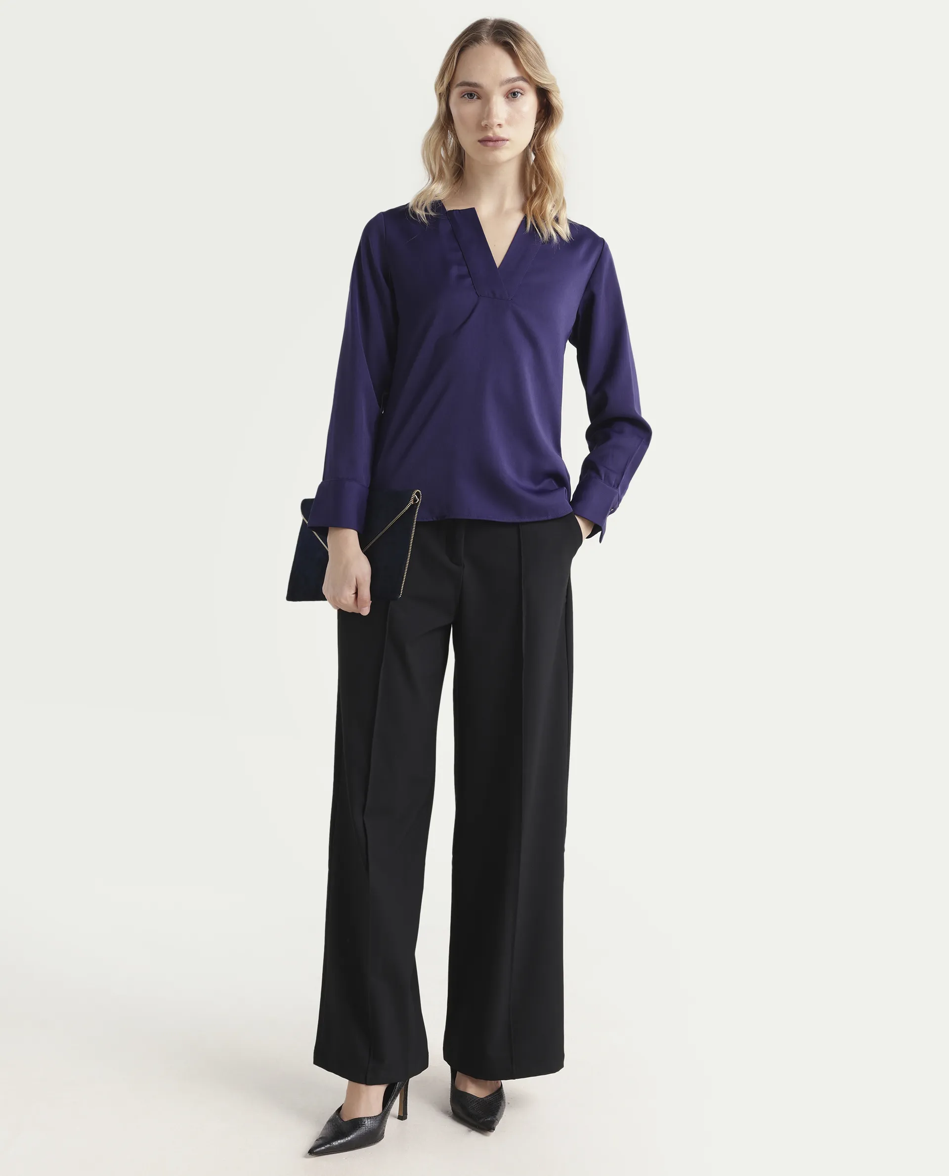 Rareism Women's Shami Navy Polyester V-Neck Plain Cuffed Sleeve Regular Fit Top - Image 2