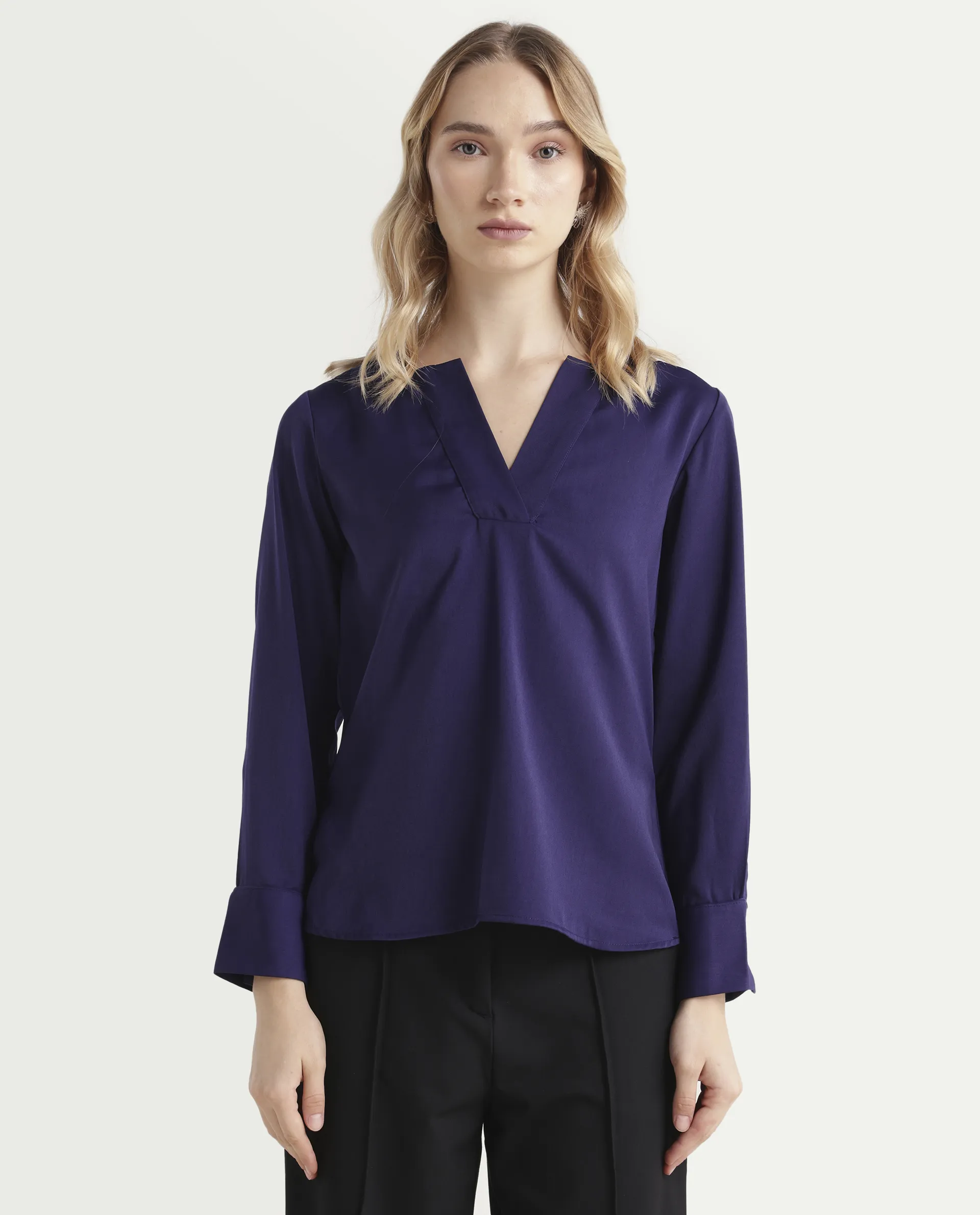 Rareism Women's Shami Navy Polyester V-Neck Plain Cuffed Sleeve Regular Fit Top - Image 3