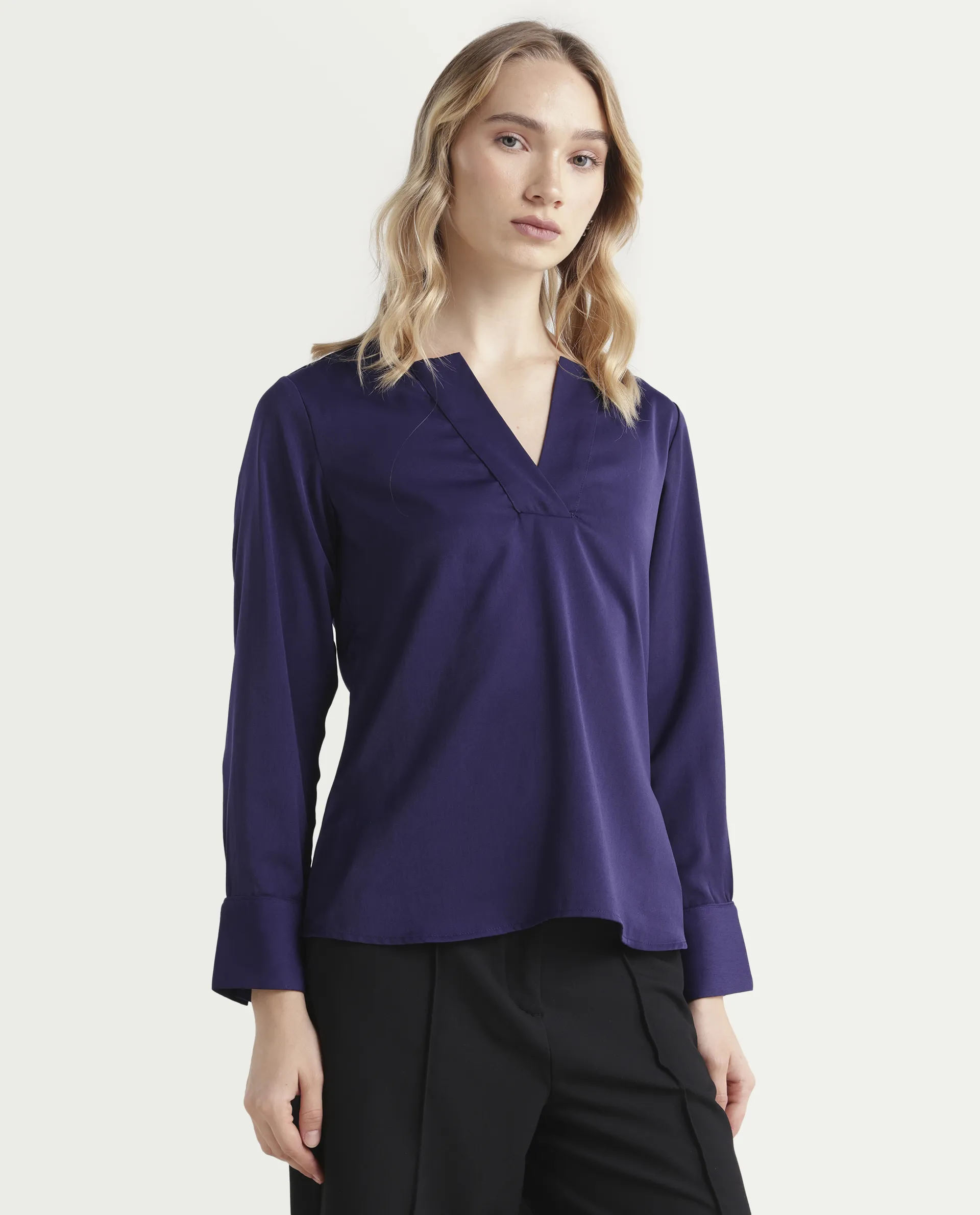 Rareism Women's Shami Navy Polyester V-Neck Plain Cuffed Sleeve Regular Fit Top - Image 6