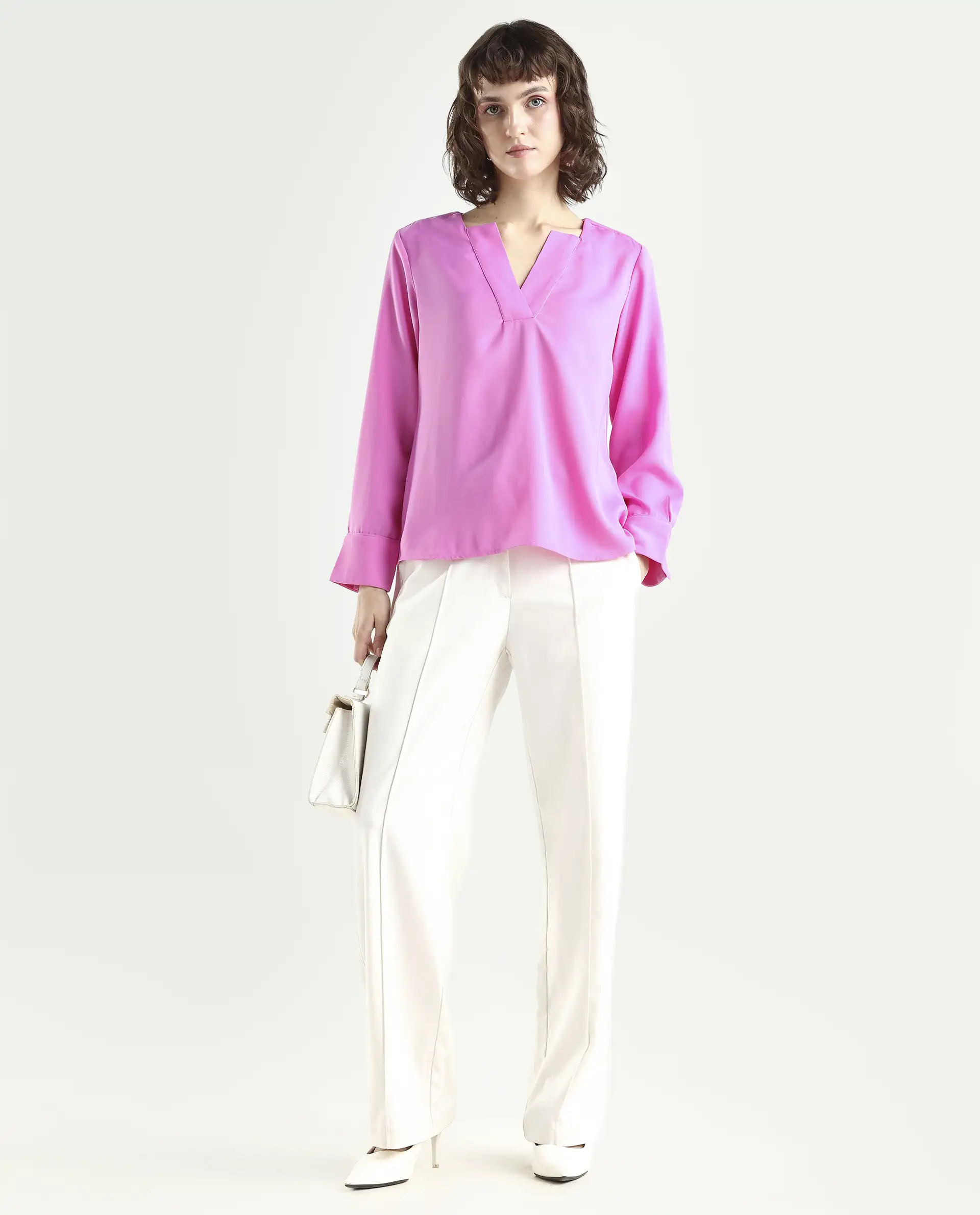 Rareism Women's Shami Pink Polyester V-Neck Plain Cuffed Sleeve Regular Fit Top - Image 2