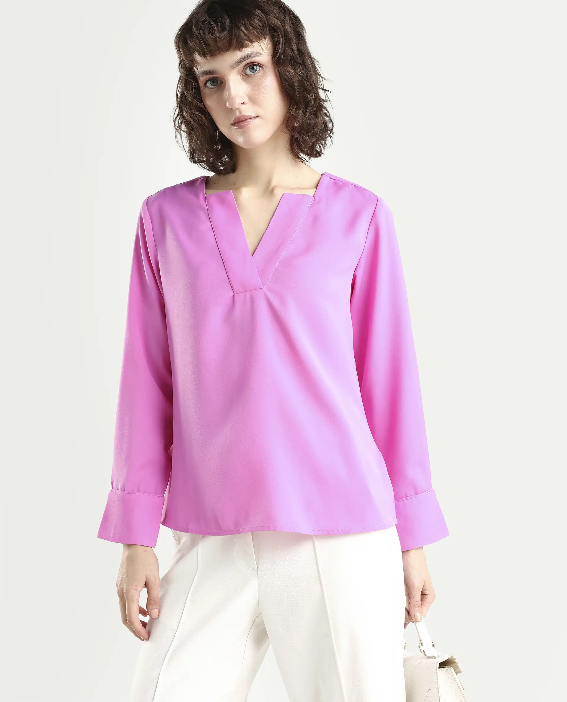 Rareism Women's Shami Pink Polyester V-Neck Plain Cuffed Sleeve Regular Fit Top - Image 3