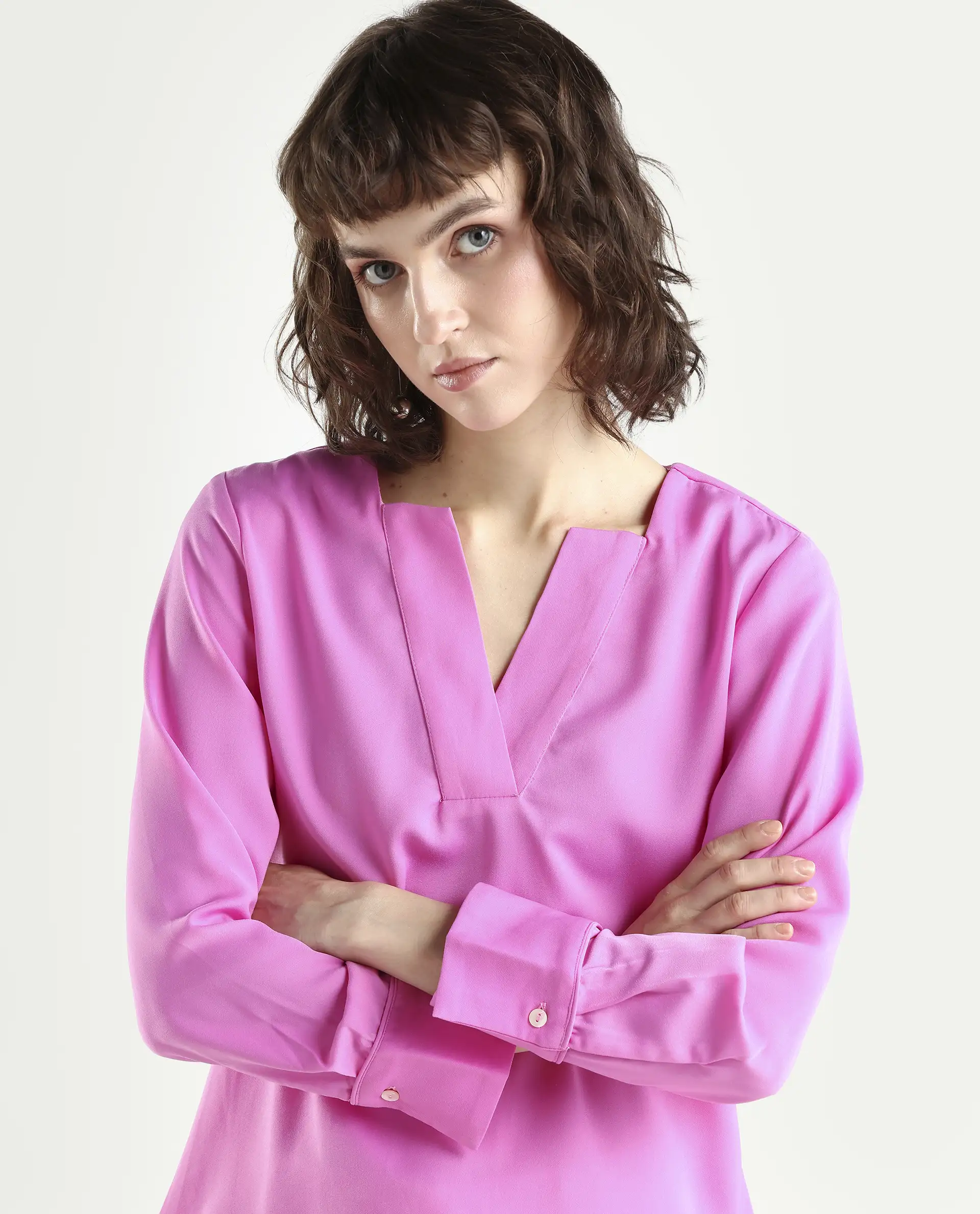 Rareism Women's Shami Pink Polyester V-Neck Plain Cuffed Sleeve Regular Fit Top - Image 4